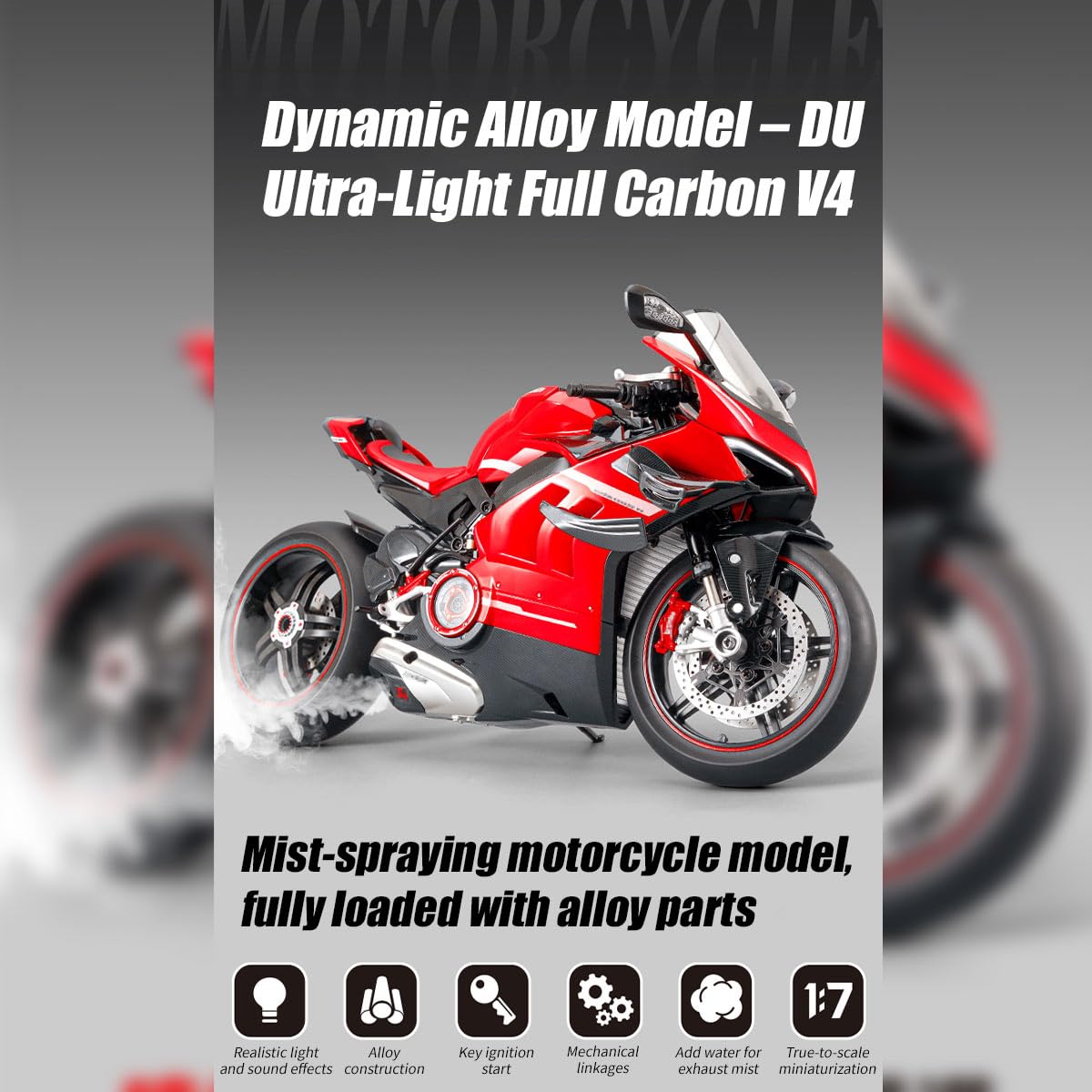 1:7 Maßstab Motorradmodell, Simulations Rennwagen mit Zündsystem & Rauchfunktion, Detaillierte Sportler Replika für Sammler and Fans(V4 Top Edition)