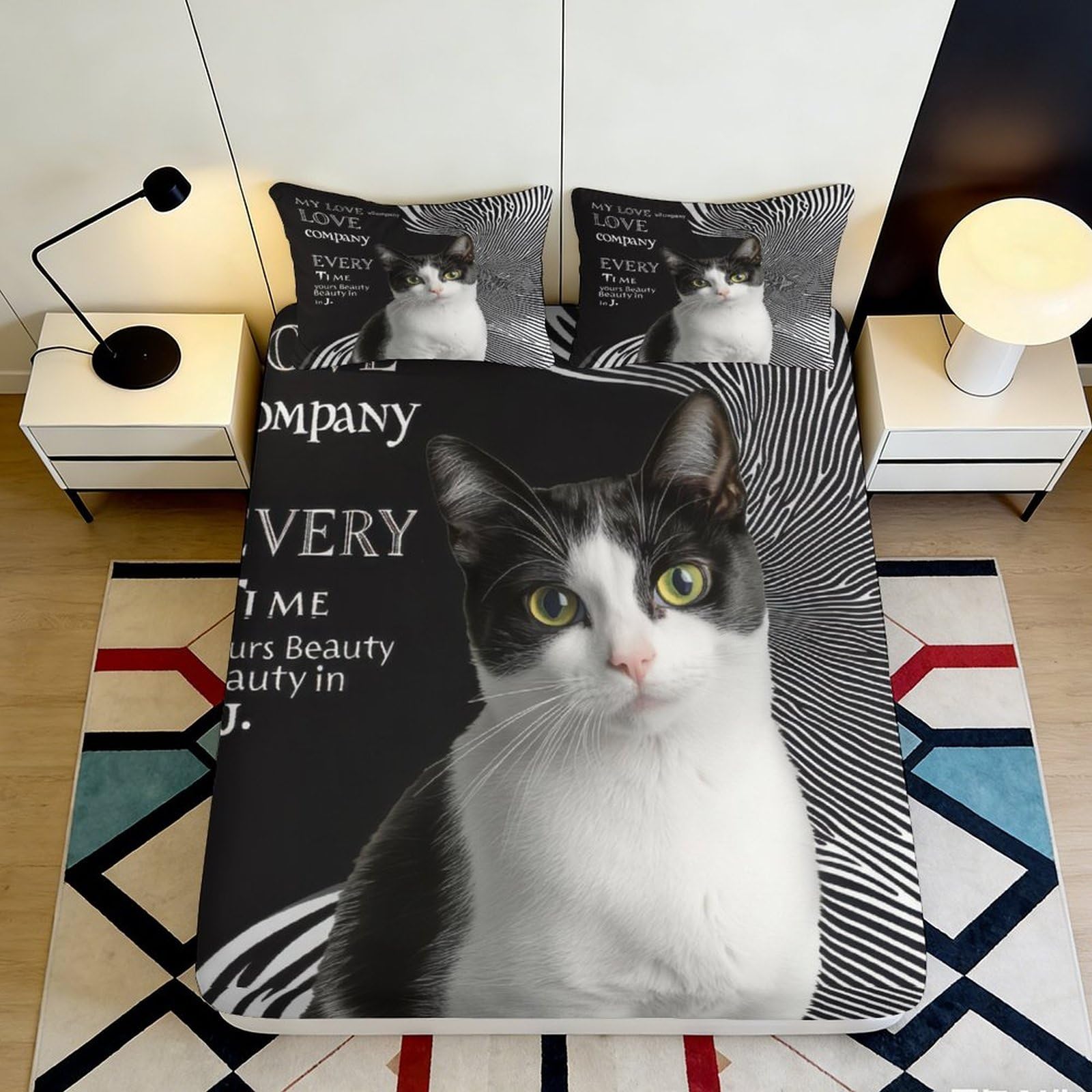Dhbaneiok Style-2 3D Printed Black White Cat Fitted Sheet Microfiber Soft Bedroom Decor Animal Pattern Mattress Cover For Adult Youth Room 90X200x25cm