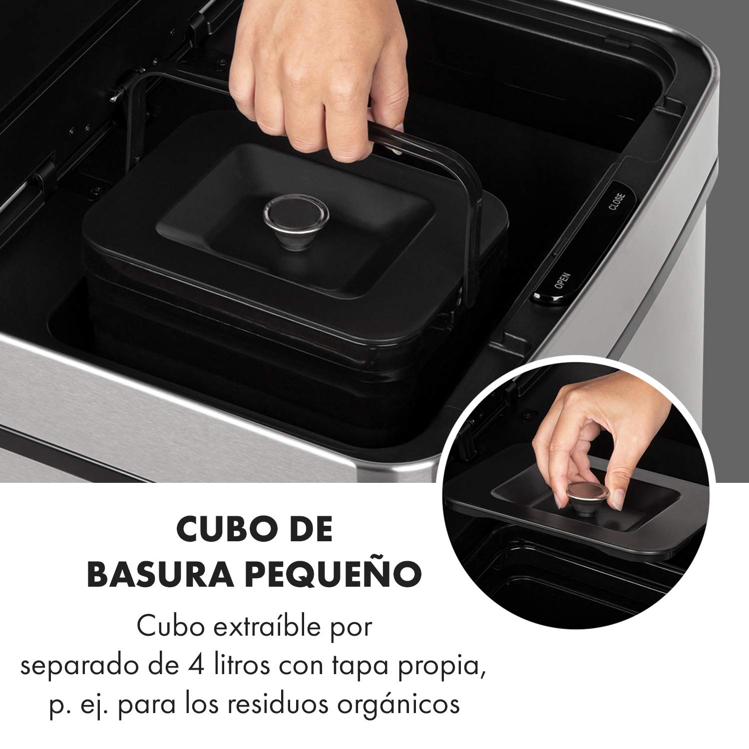 KLARSTEIN Touchless cubo de basura con sensor, 72 litros en 4 compartimentos: 43 & 2 x 12,5 litros, cubo bio con tapa: 4 apertura y cierre automáticos sin contacto, plateado