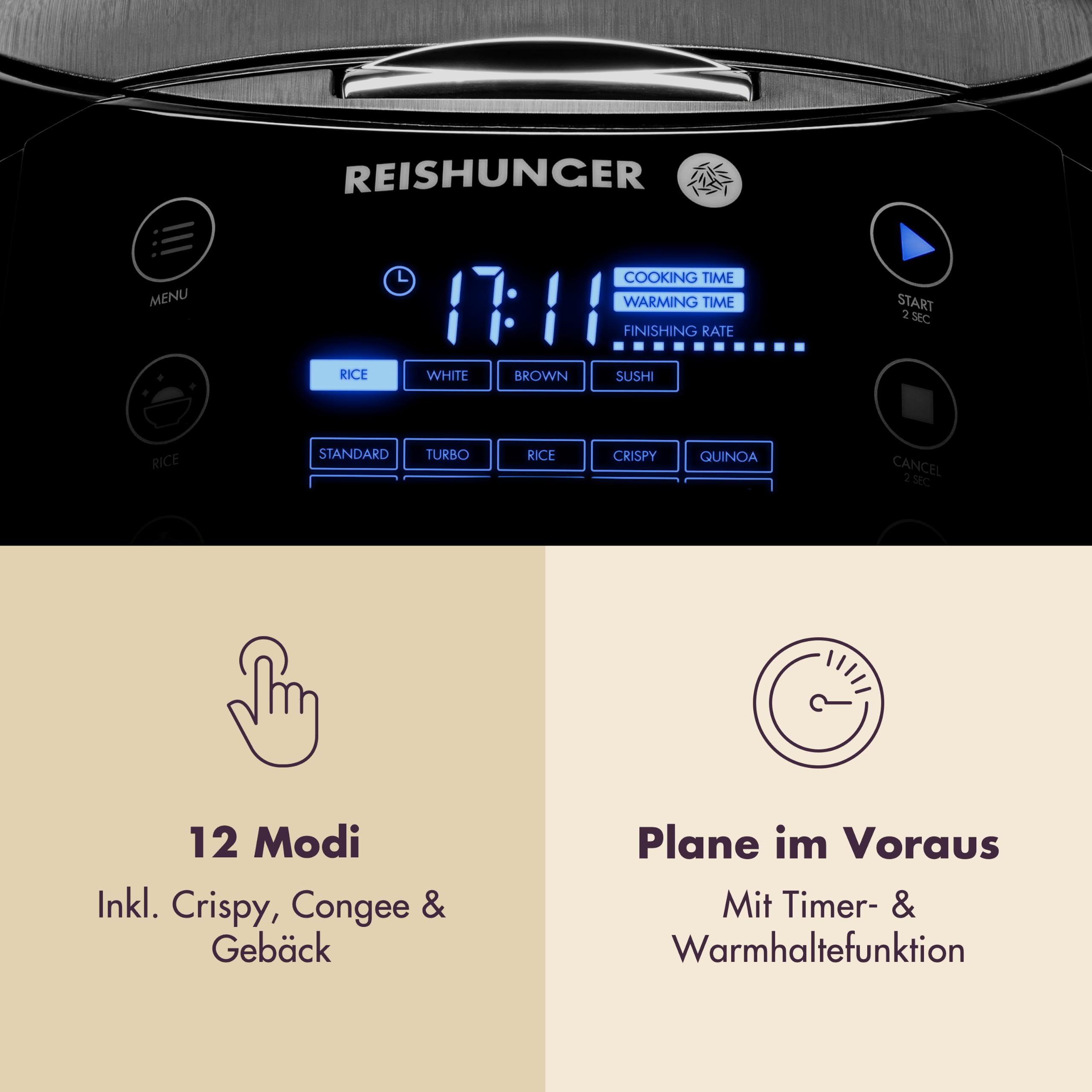 REISHUNGER Digitaler Reiskocher & Dampfgarer – 1,5L – Schwarz | bis zu 8 Personen – Warmhaltefunktion, Timer & Premium Innentopf – Multikocher, 12 Programme, 7-Phasen-Technologie