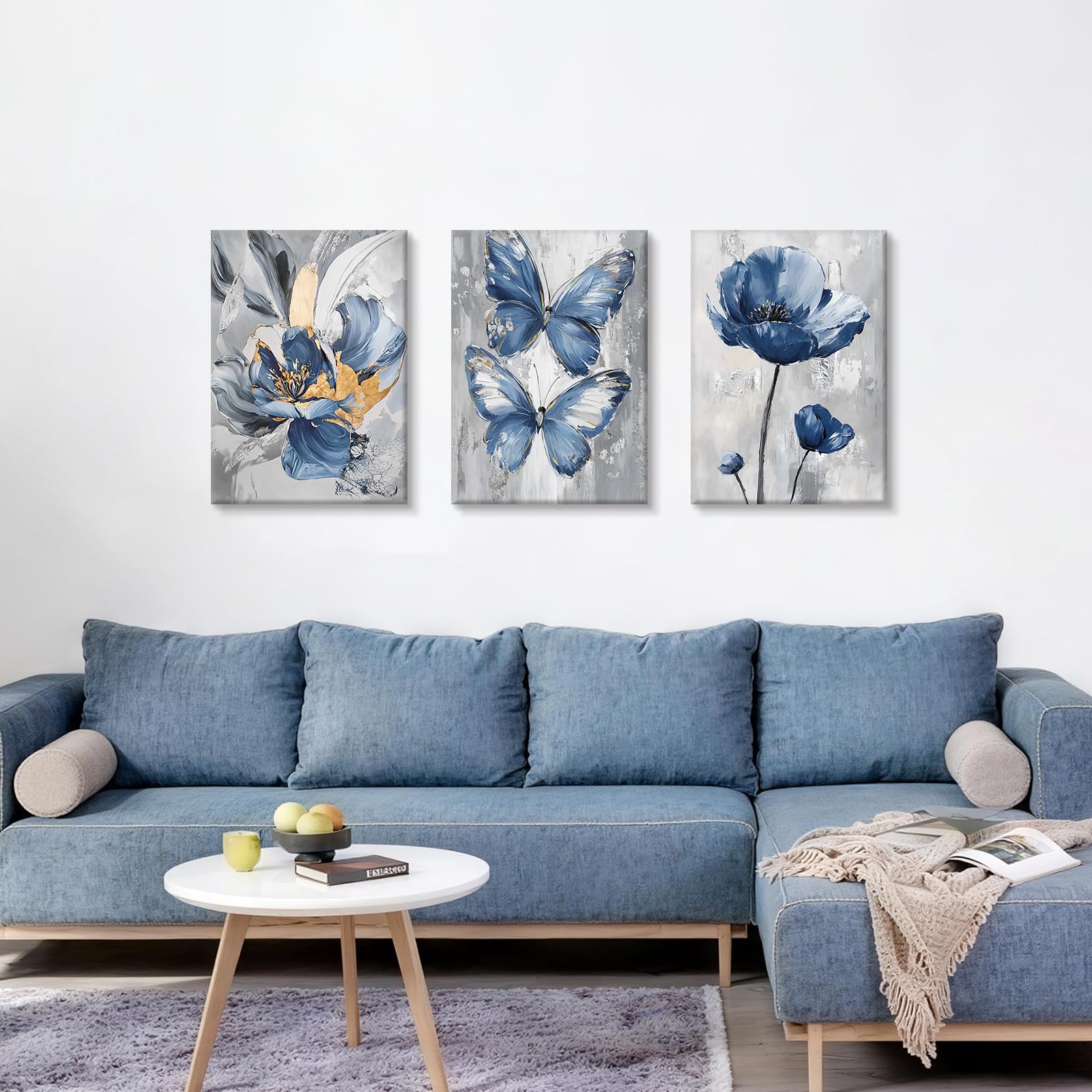 WENGTIAO Set of 3 Blue Butterfly Flowers Canvas Wall Art Prints Framed Pictures Vintage Abstract Floral Painting on Canvas Living Room Bedroom Home Wall Decor Ready to Hang 50x70cmx3 - Image 3