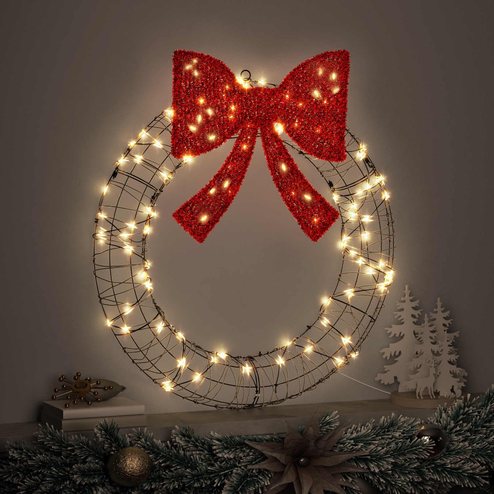 Mangloder Couronne de Noël avec 60 LED blanc chaud en rotin 75 x 75 x 8 cm, USB avec télécommande, pour l'intérieur et l'extérieur protégé, décoration de sapin de Noël comme décoration de l'Avent
