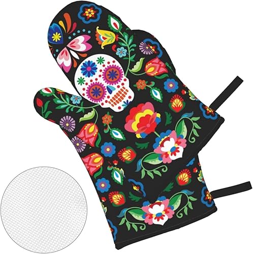 Miniatura 3 de Juego de 4 manoplas de horno y soportes para ollas con diseño floral de calavera mexicana, guantes resistentes al calor para cocina, hornear, asar a