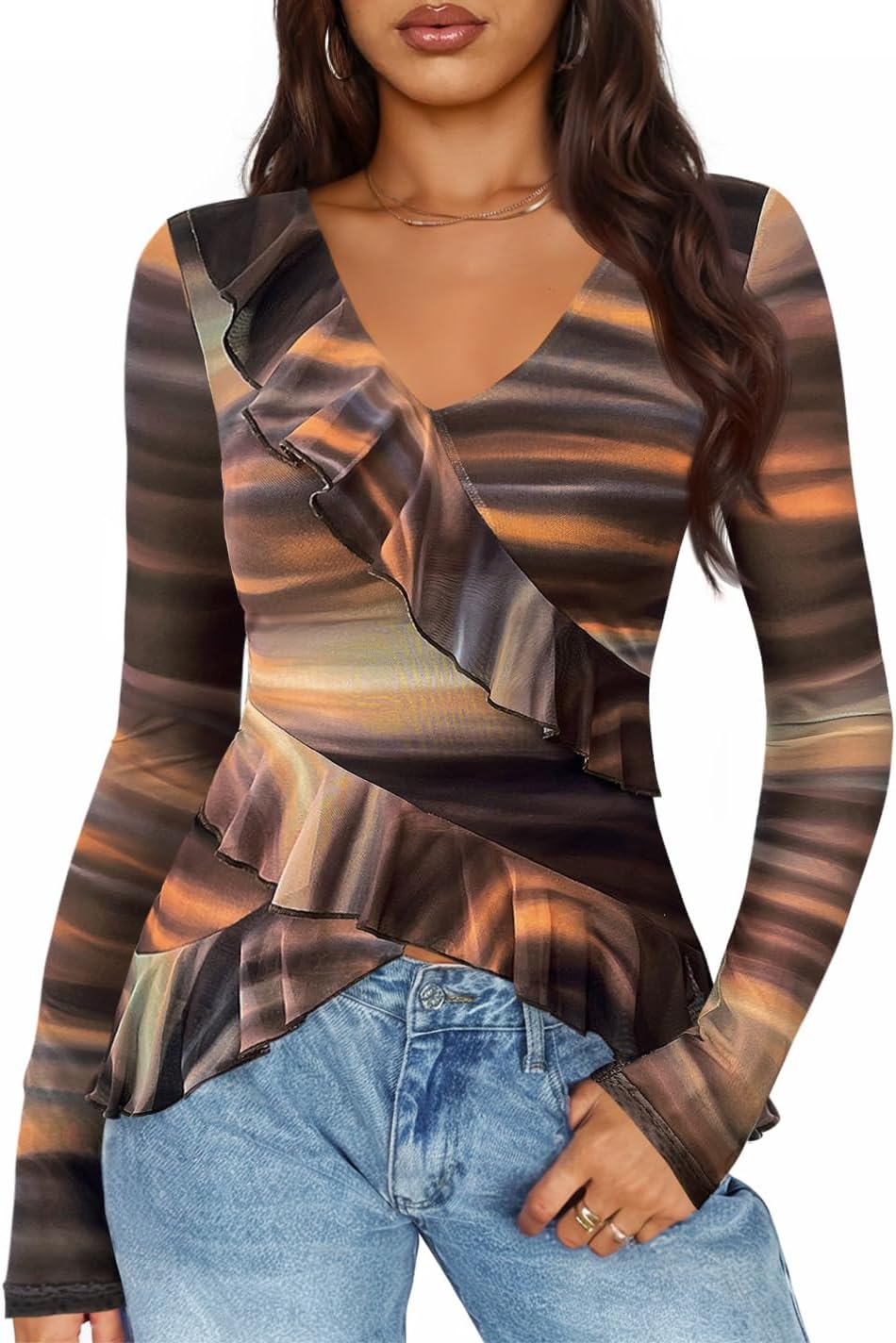 ZESICA Women's Long Sleeve Floral Shirts V Neck Going Out Ruffle Tops Blouses 2026 Fall Fashion Clothes Outfits