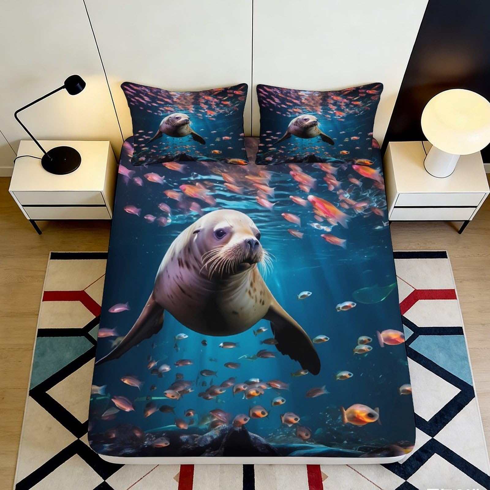 Jqzkxnhpbr Style-6 3D Printed Sea Lion Ocean Fitted Sheet Microfiber Soft Bed Sheet Underwater Fish Mattress Cover Bedroom Decor 90X200x25cm