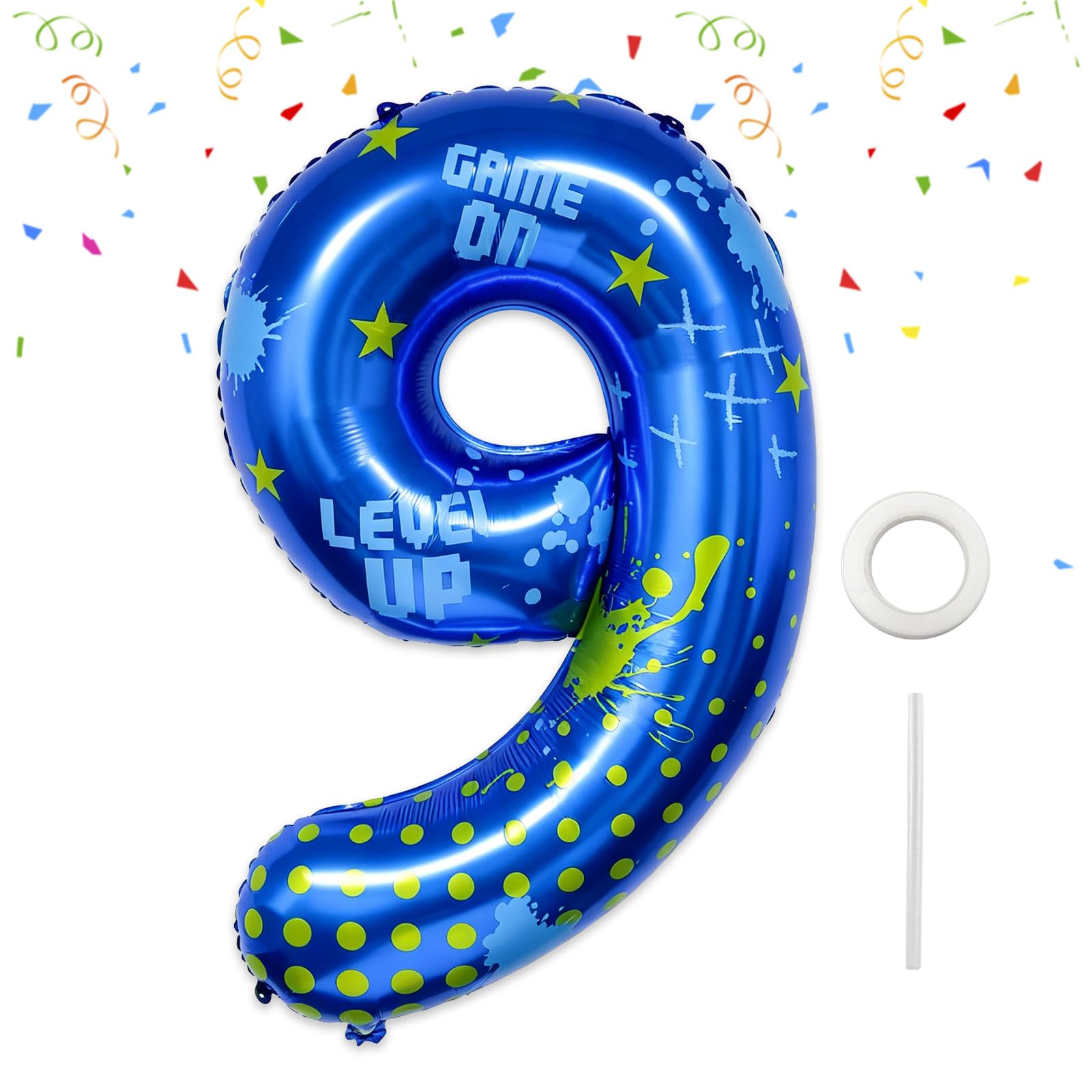 Video Game 9th Birthday Decorations,40'' Gaming Balloons,Blue Video Game Number 9 Foil Balloon for Level Up&Game ON Theme Birthday Party Supplies(9)