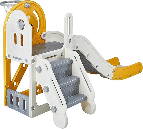 Happybuy Tobogán para niños de 1 a 3 años con escaleras escalables, aro de baloncesto y espacio de almacenamiento, juego para interiores y