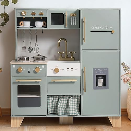 ROBUD Wooden Play Kitchen for Kids Toddlers, Corner Wooden Play Kitchen with Fridge, Ice Maker, Coffee Maker, Juicer, Oven, Dishwasher, Microwave, Utensils, Gift for Ages 3+