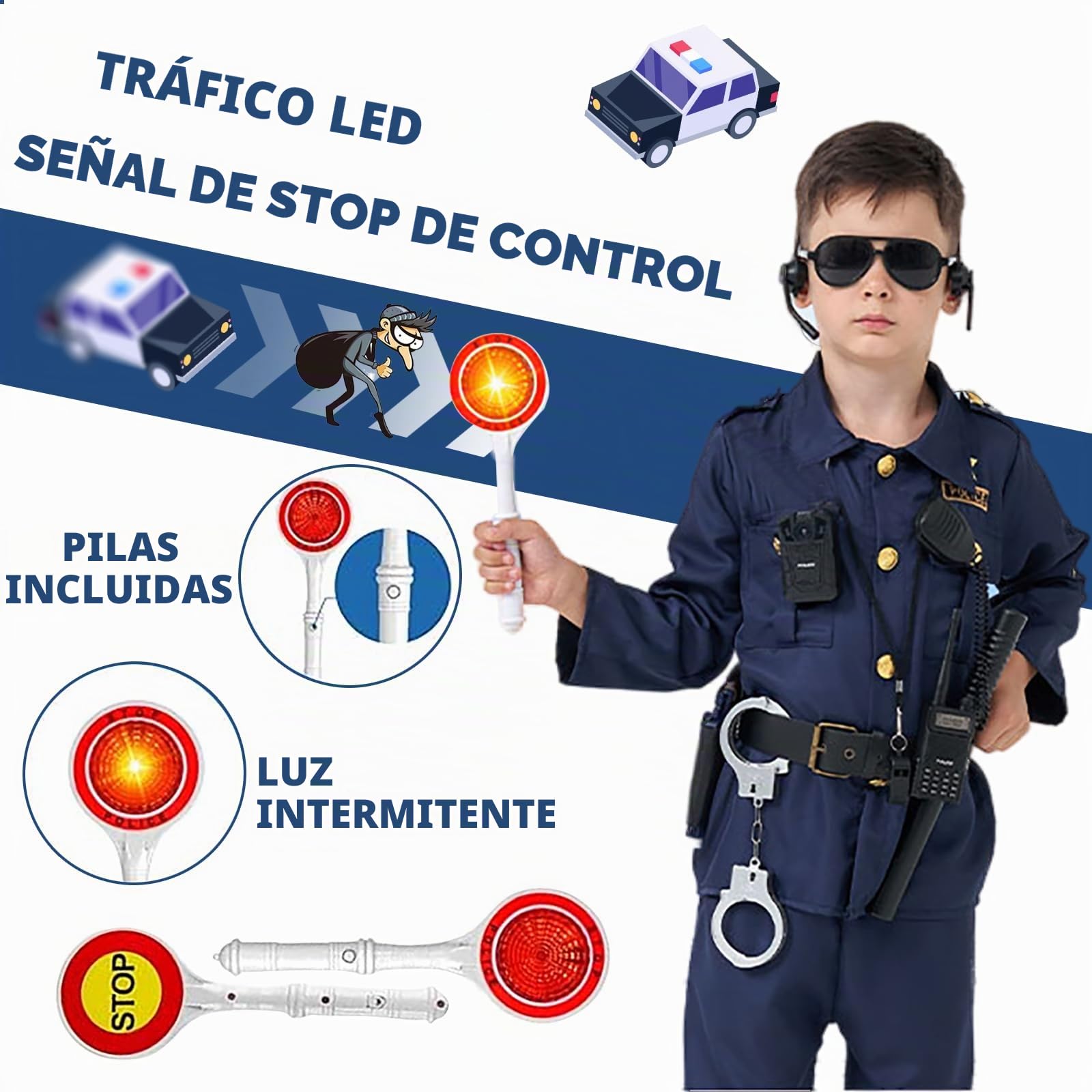 Disfraz Policia Niño con Esposas Juguete Niños, Funda de Pistola, Silbato, Placa Policia y Otros Accesorios de Juguete, Policia Disfraz Lujo para Halloween de Cosplay