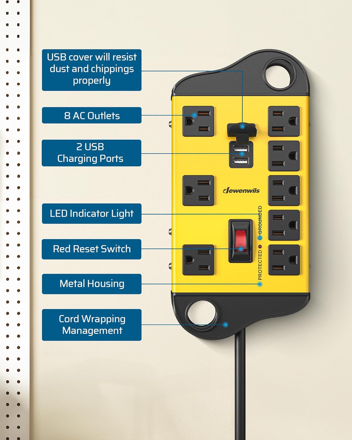 DEWENWILS Garage Power Strip Wall Mount, Wide Space 8-Outlet Industrial Power Strip with 2 USB, Metal Surge Protector 1440J, 14AWG 6FT Heavy Duty Extension Cord for Garage, Workshop, Yellow