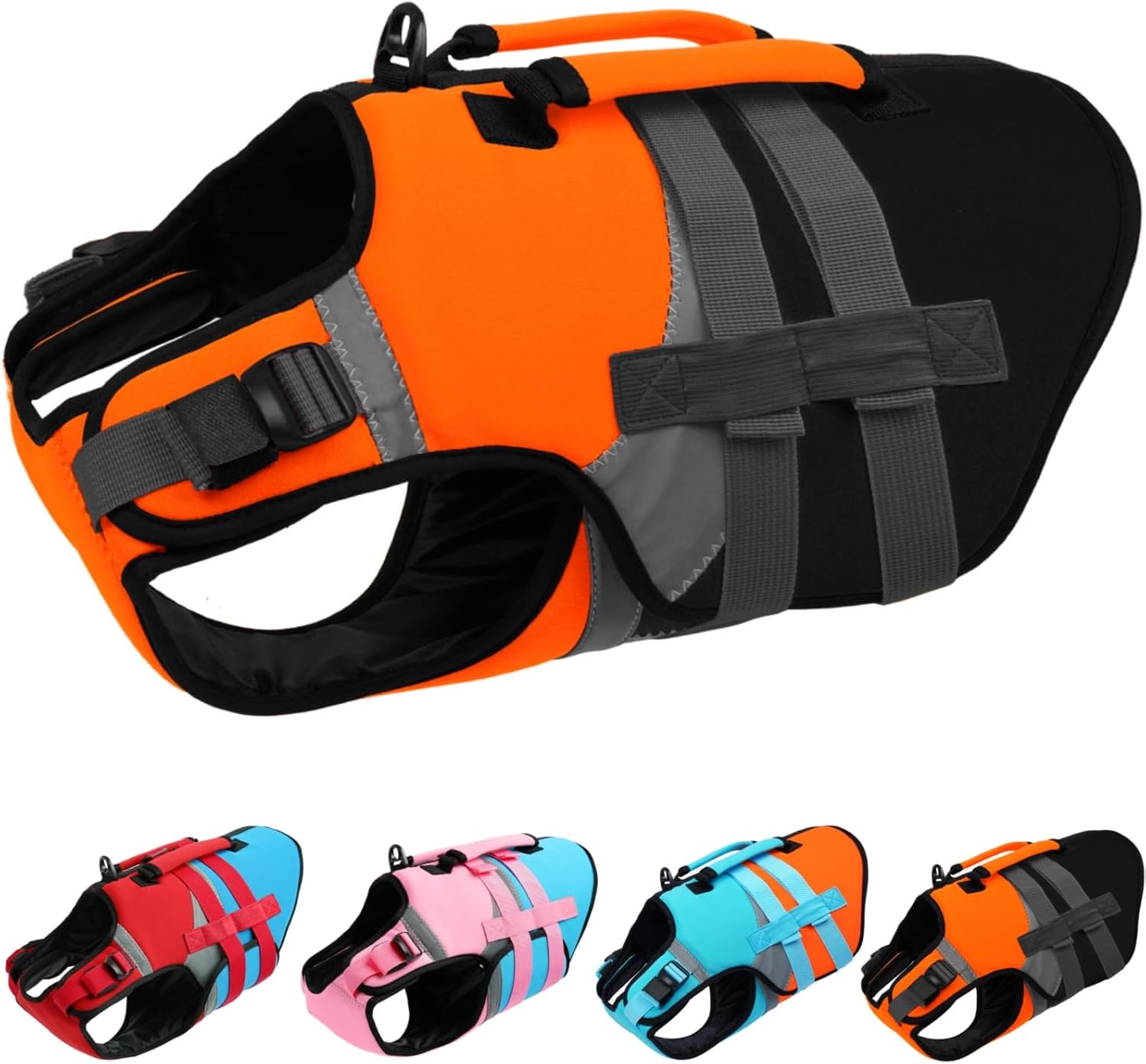 Kuoser Dog Life Jacket, Large High Flotation L Dog Life Vest for Swimming Boating, Reflective Dogs Swimsuit Lifejacket, Pet Life Preserver with Double Rescue Handle, Orange, L