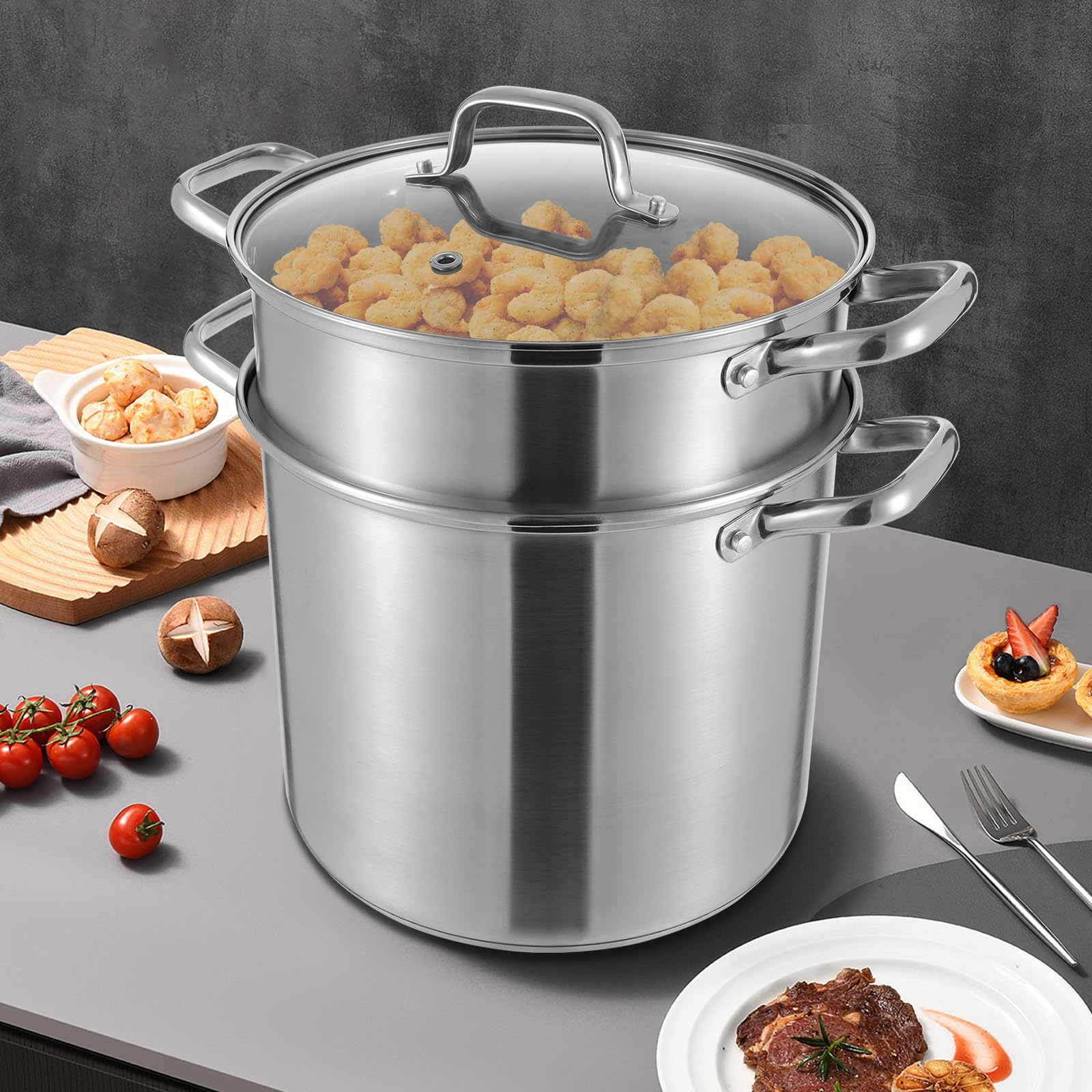 Srebrny okrągły garnek do gotowania, 8 l, ze szklaną pokrywką i wkładką na parę, 36,5 x 36,5 cm, do kuchni