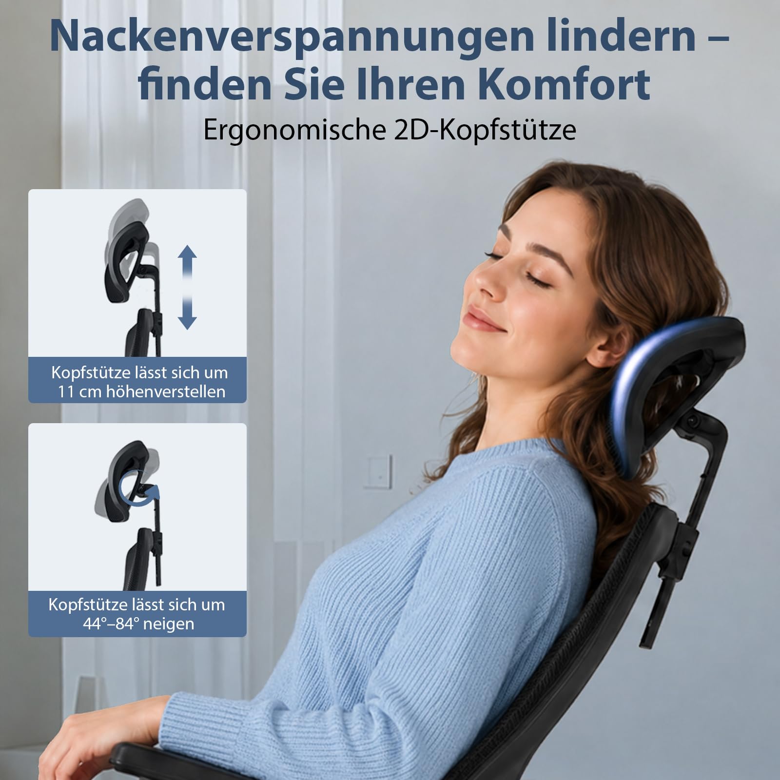 Durrafy Ergonomischer Bürostuhl, Bürostuhl 150 kg belastbar mit Verstellbarer Lordosenstütze und Kopfstütze, Netzstuhl Schreibtischstuhl mit 90°-130° Liegefunktion, Drehstuhl für Home Office, Schwarz