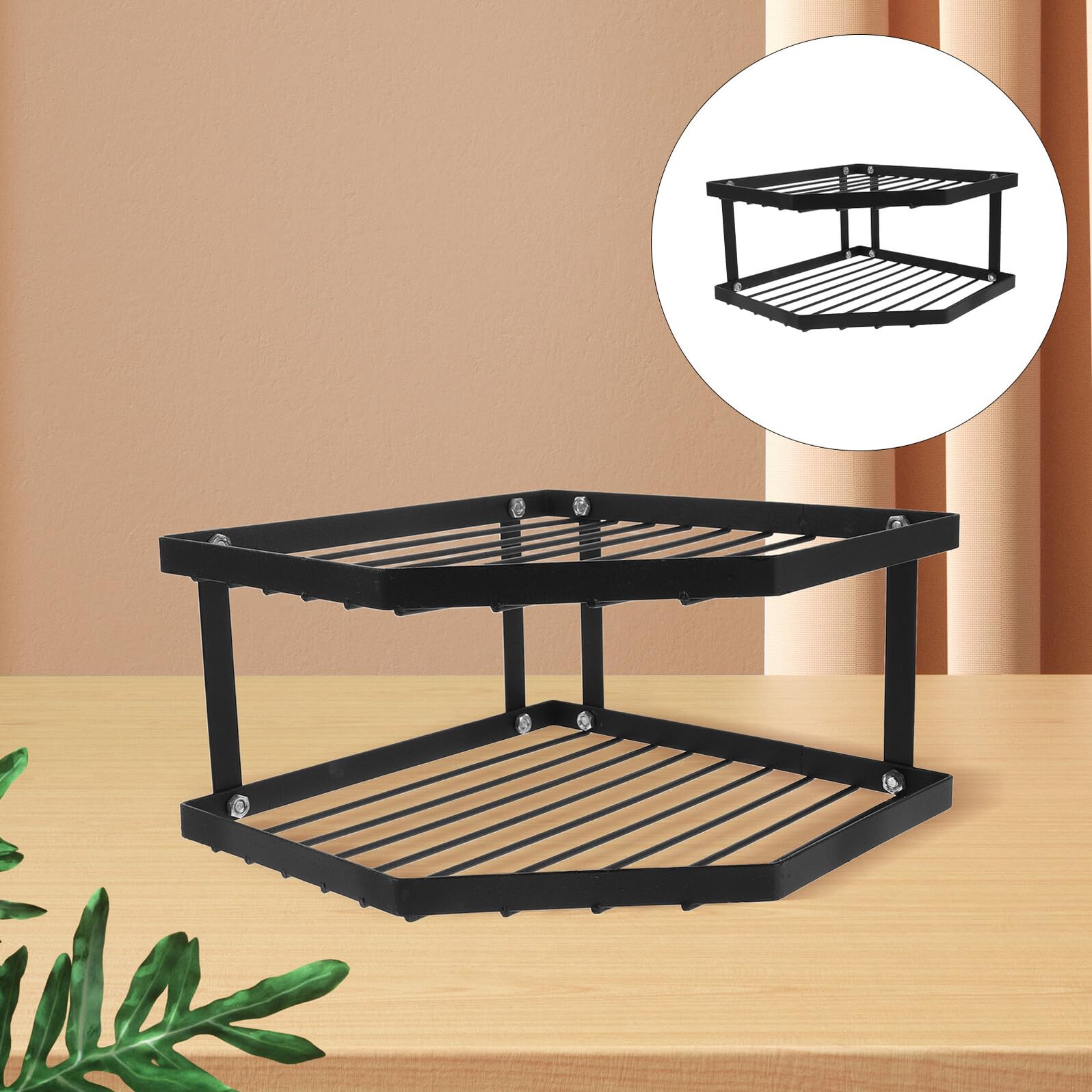ISCBAFYX 2-poziomowy, czarny, metalowy, narożny regał kuchenny – 34x12 cm Oszczędność miejsca do przechowywania garnków Przyprawy i niezbędne artykuły Stylowy narożnik do kuchni i jadalni