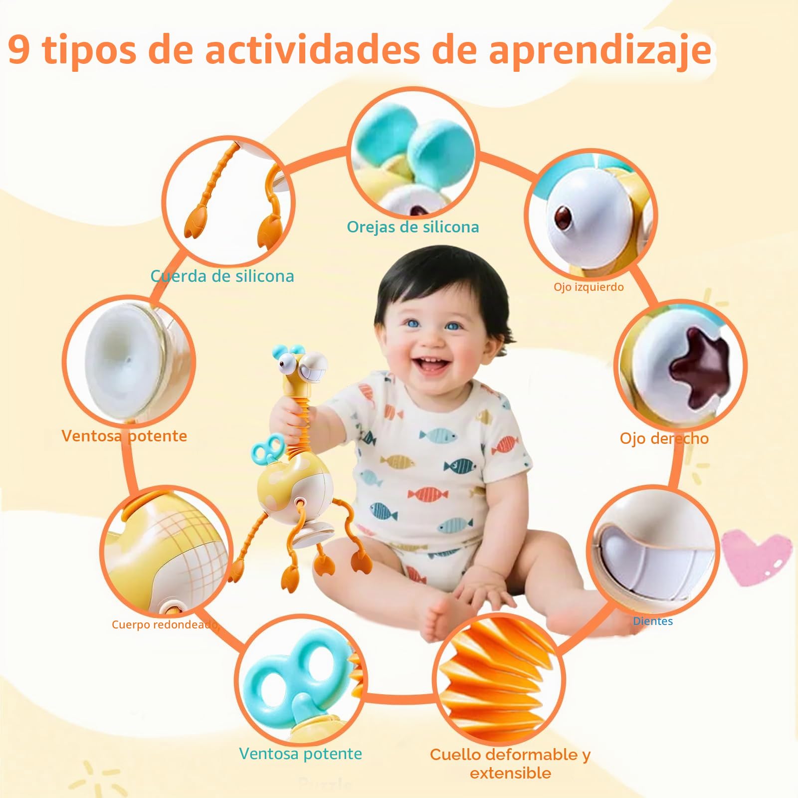 Montessori Juguete con Ventosa Morder Silicona con Cuerda Actividad Sensorial para Viajar Juguete Cochecito Que Fomenta la Motricidad Fina Juguete para Bebés de 6 a 18 Meses y Niños Pequeños