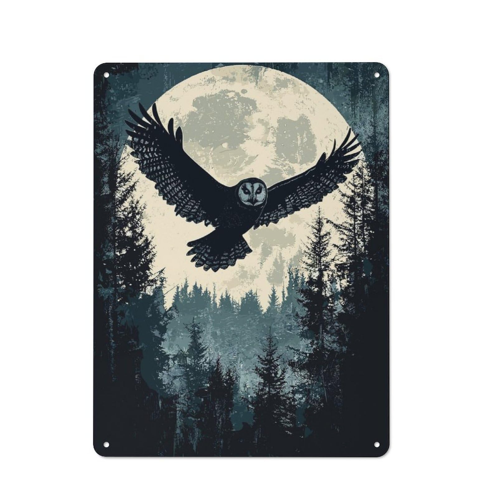 Junmoney Owl Flying Moonlit Forest Retro Metal Plaque 40X30cm For Dining Room Or Kitchen, For Kitchen, Dining Room And Home Bar Wall Decor