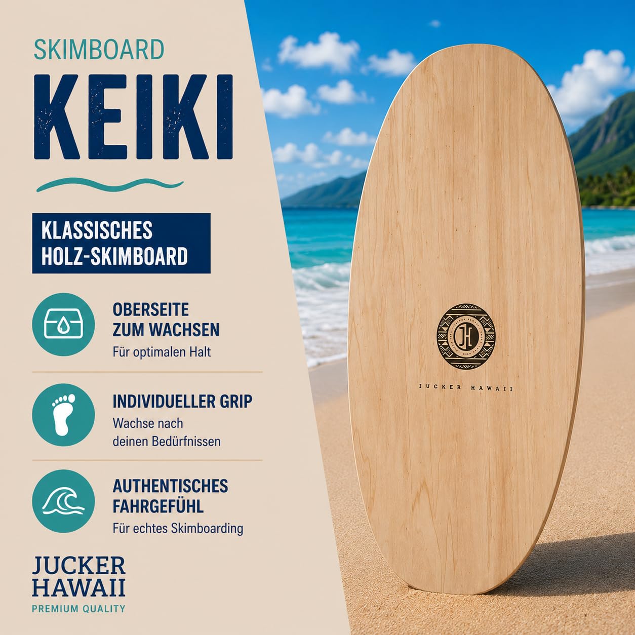 JUCKER HAWAII Skimboard KEIKI 90 cm | 5-lagiges Holz, Für Kinder & Erwachsene (25–90 kg), Anfänger & Fortgeschrittene, Für Meer, See & Fluss