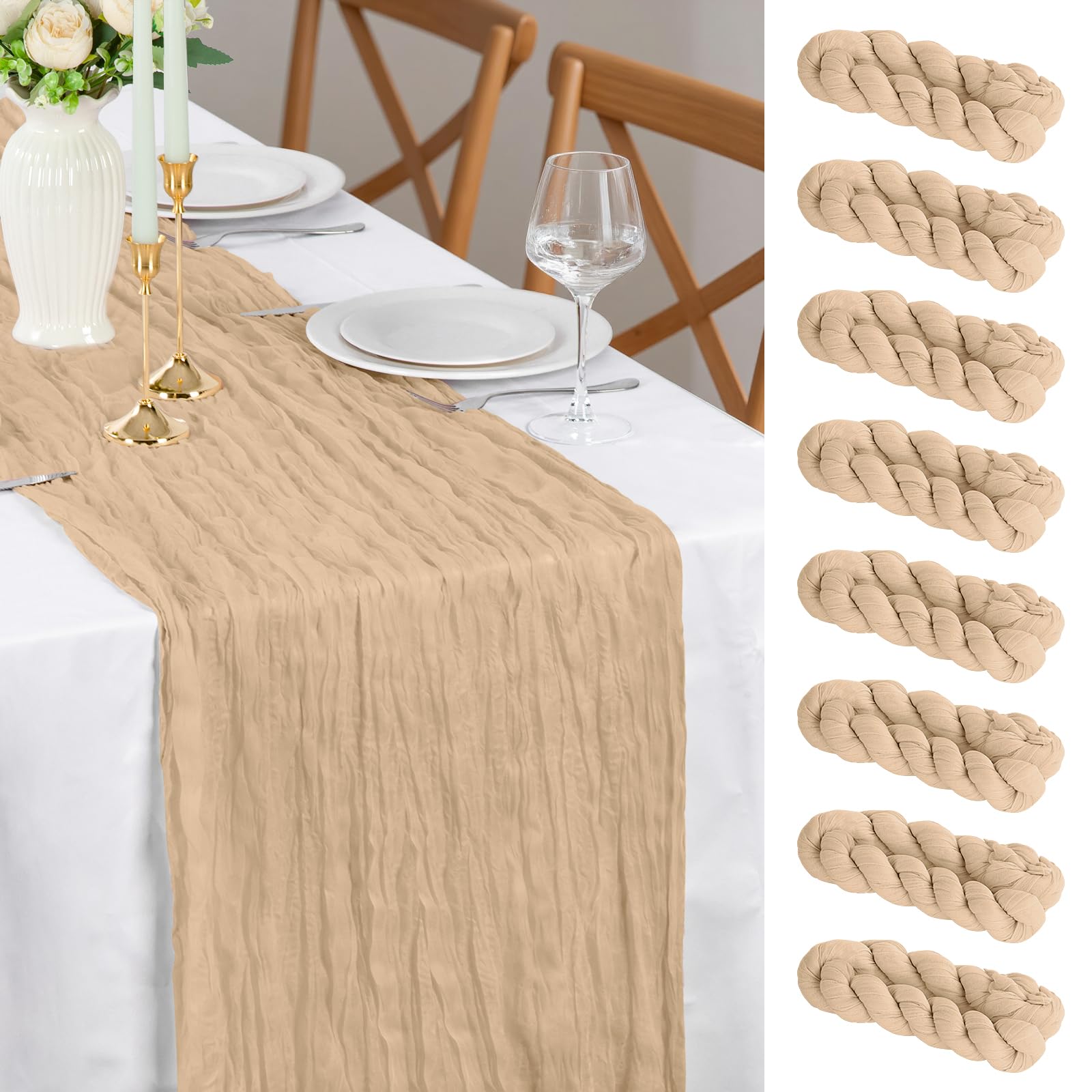 Runner da Tavolo Champagne, 8 Pezzi 90x300 cm FoiiLiio Runner da Tavola in Mussola per Matrimoni per Matrimoni, Decorazioni per Baby Shower, Compleanni, Feste