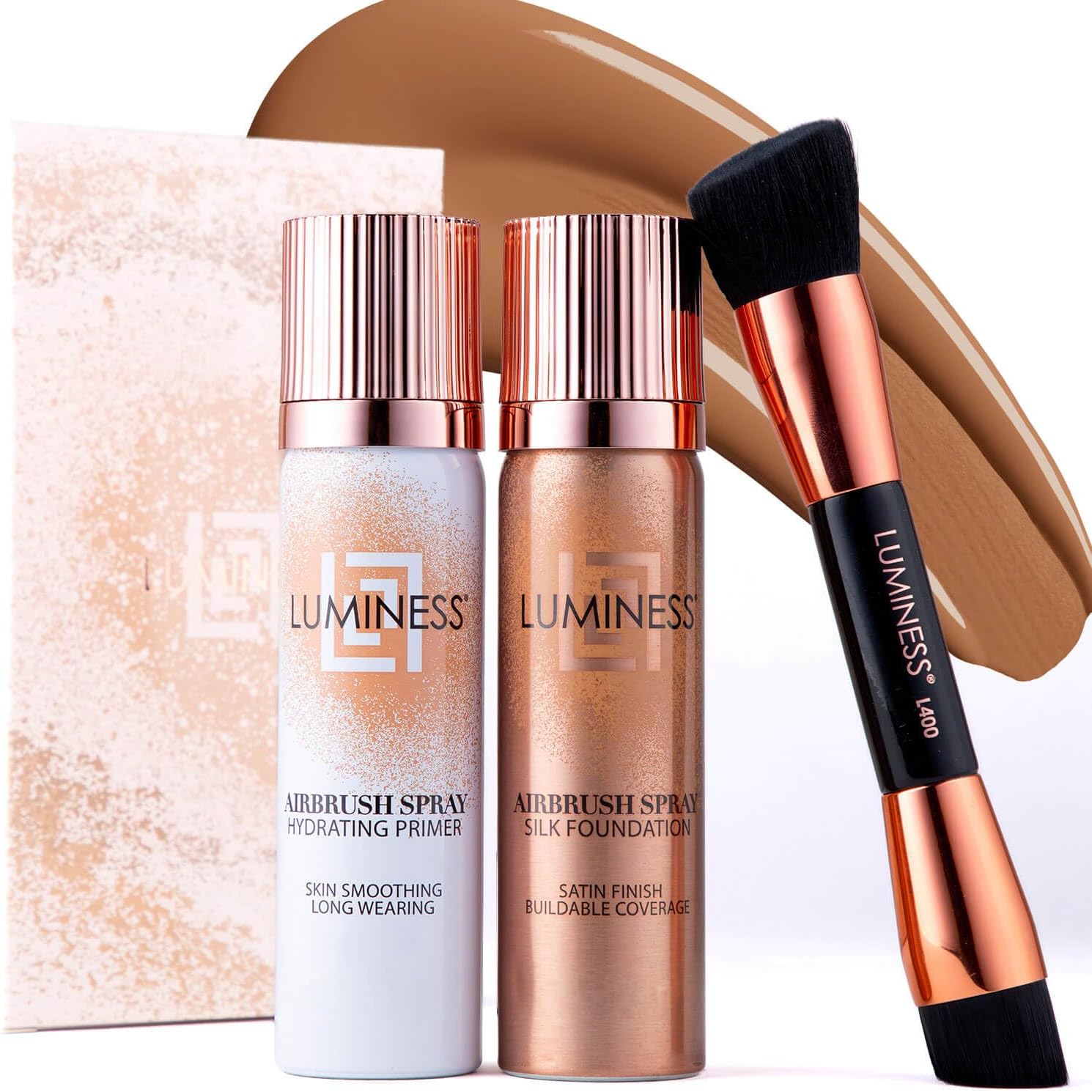 Airbrush Spray Silk Foundation Starter Kit - Tan - Foundation, Primer & Dual-Sided Angled Buffing Brush - Medium, Buildable Coverage, Anti-Aging Formula Hydrates & Moisturizes