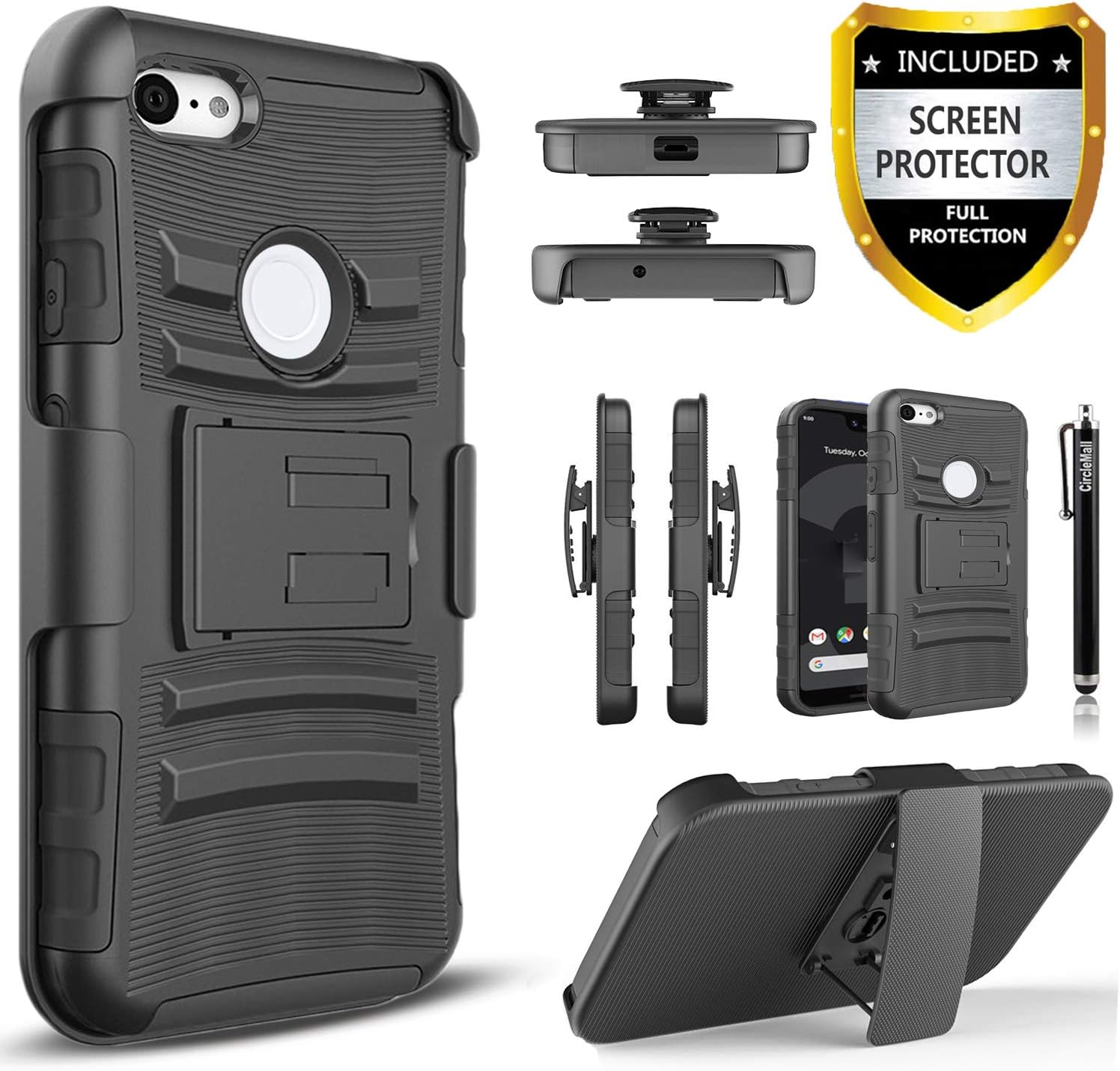 Pixel 3 XL Case, Google Pixel 3 XL Case with [Premium Screen Protector Included] Combo Holster Phone Cover [Not Fit Pixel 3] Built-in Kickstand and Heavy Duty Belt Clip Holster with Stylus Pen-Black