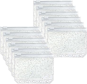 Mogoostry A8 Binder Pockets, Clear Zipper Pockets, 5 Ring Binder Pouches, 12 Pieces, Clear Glitter Binder Pockets, Zippered Mini Cash Envelopes, Coin Pouches | A8 PVC