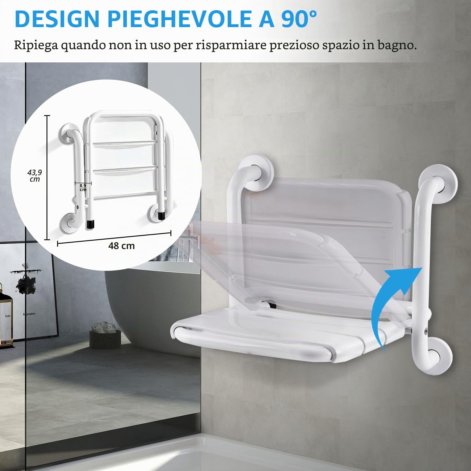 YUCHENGTECH Sedile per Doccia Pieghevole da Muro con Piedini di Supporto | Sedia Da Doccia Antiscivolo Seggiolino per Doccia a Parete per Anziani, Incinta, Disabili Capacità di Carico 150kg