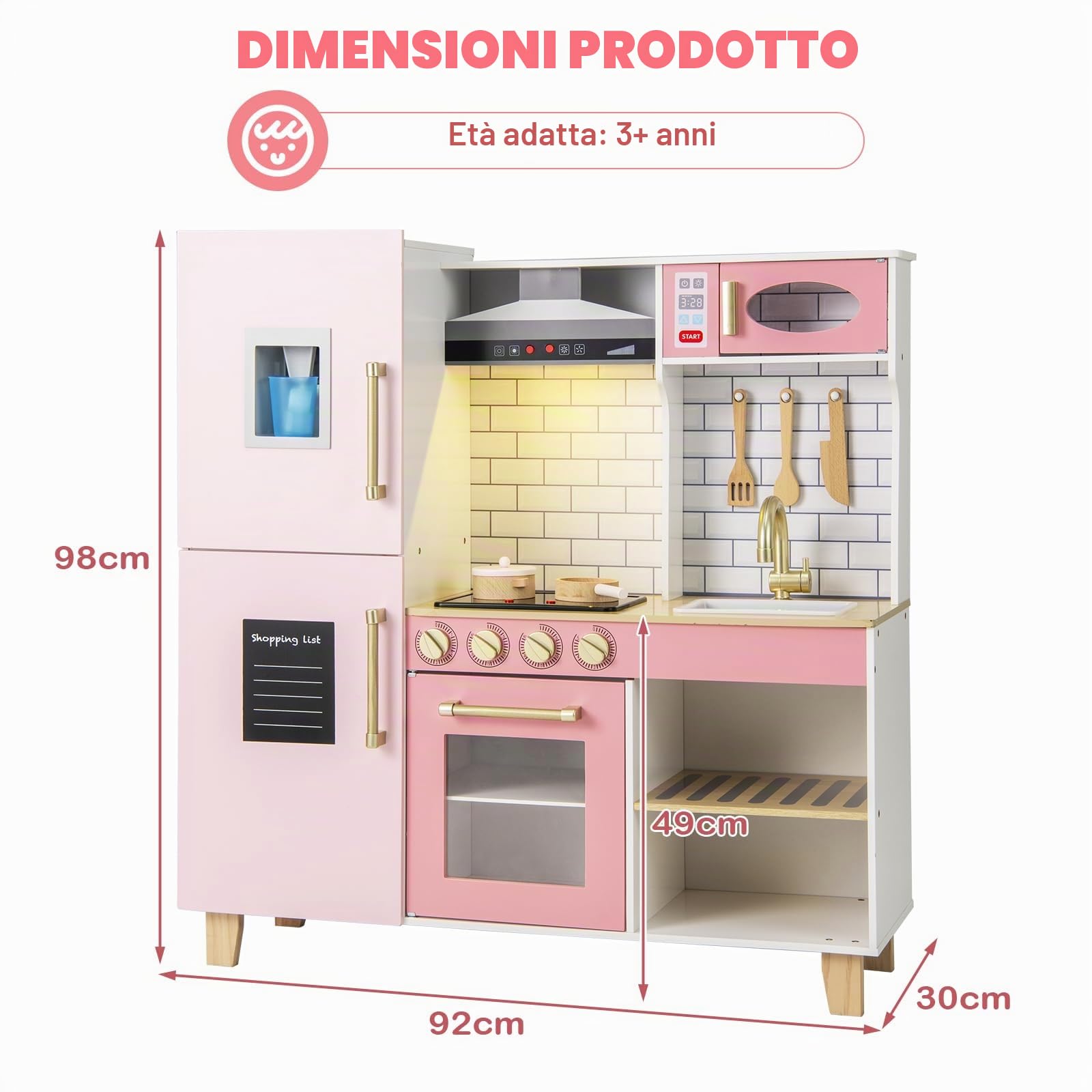 HOMASIS Cucina Giocattolo per Bambini in Legno, Cucina Bambina con Macchina per Fare Gelati, Set da Cucinetta con Luci e Suoni per Bambini dai 3+ Anni, 92x30x98cm (Rosa)