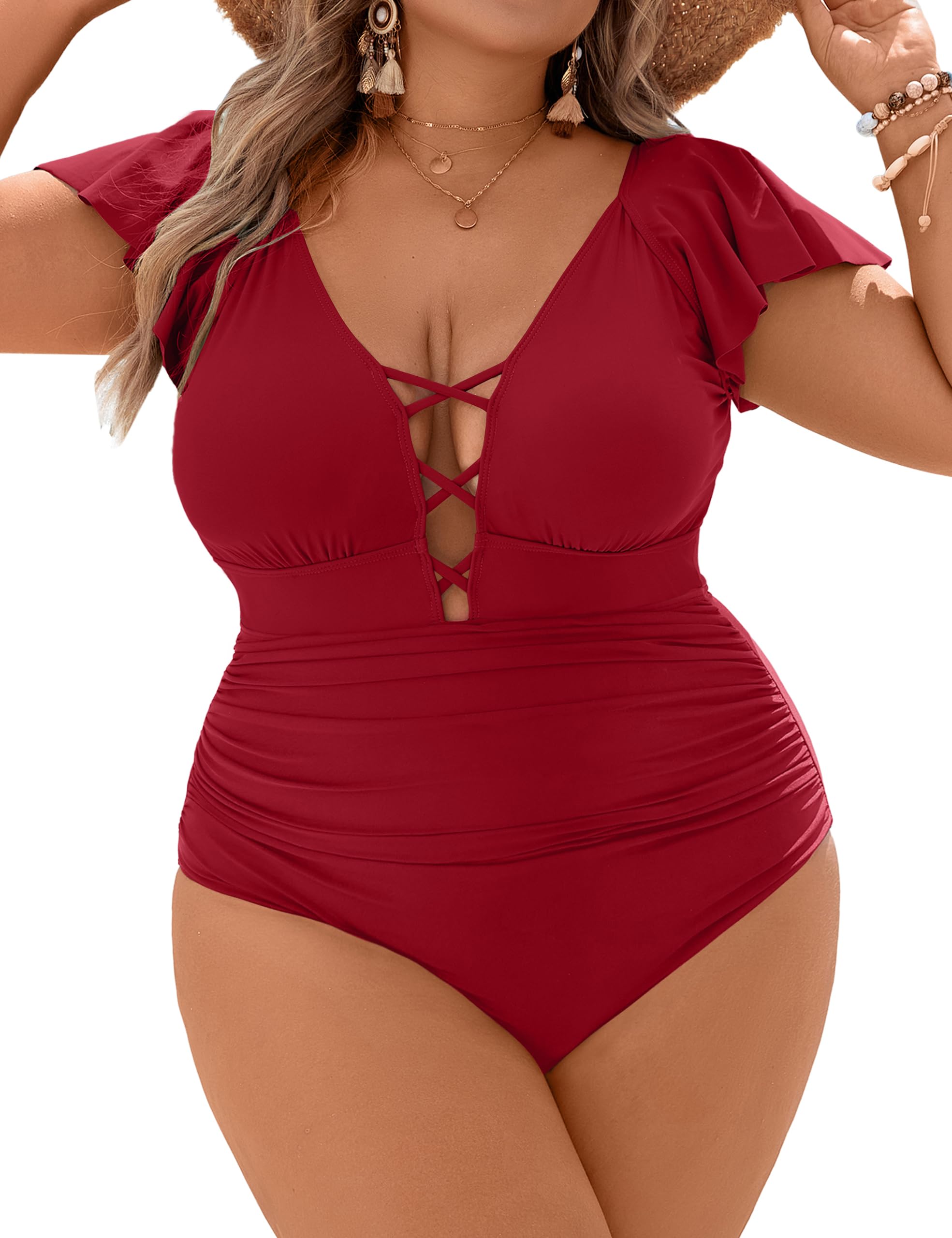 Blooming Jelly Women's Plus Size One Piece Swimsuit Tummy Control Bathing Suit Cute V Neck Maternity Swimwear