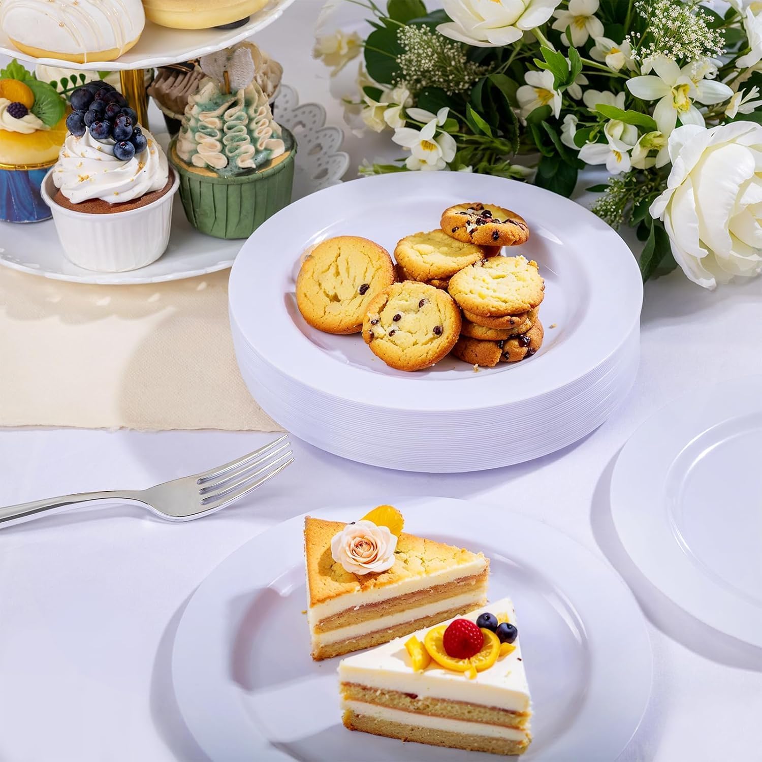 WELLIFE 100 Pieces White Plastic Dessert Plates with 100pcs Silver Disposable Forks, Premium Hard Salad Plate 7.5”, Appetizer Plastic Plates for Wedding, Party - Image 4