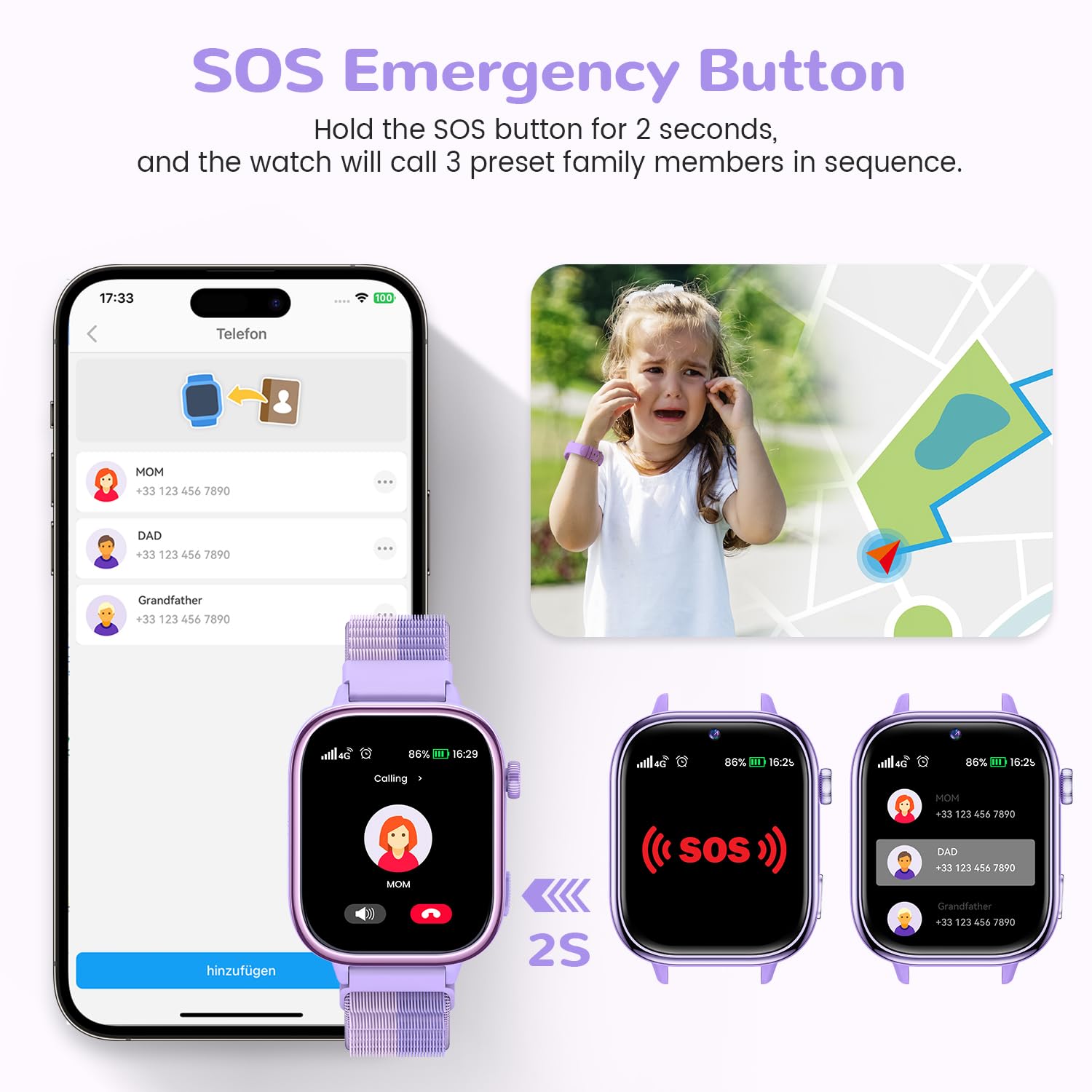 SWGOTA 4G Smartwatch Bambini con GPS e Telefono, Orologio Smartwatch Bambini con Videochiamate, Messaggi, modalità Scuola, SOS, Impermeabile IP68, Contapassi - Regalo per Ragazzi e Ragazze (Viola)