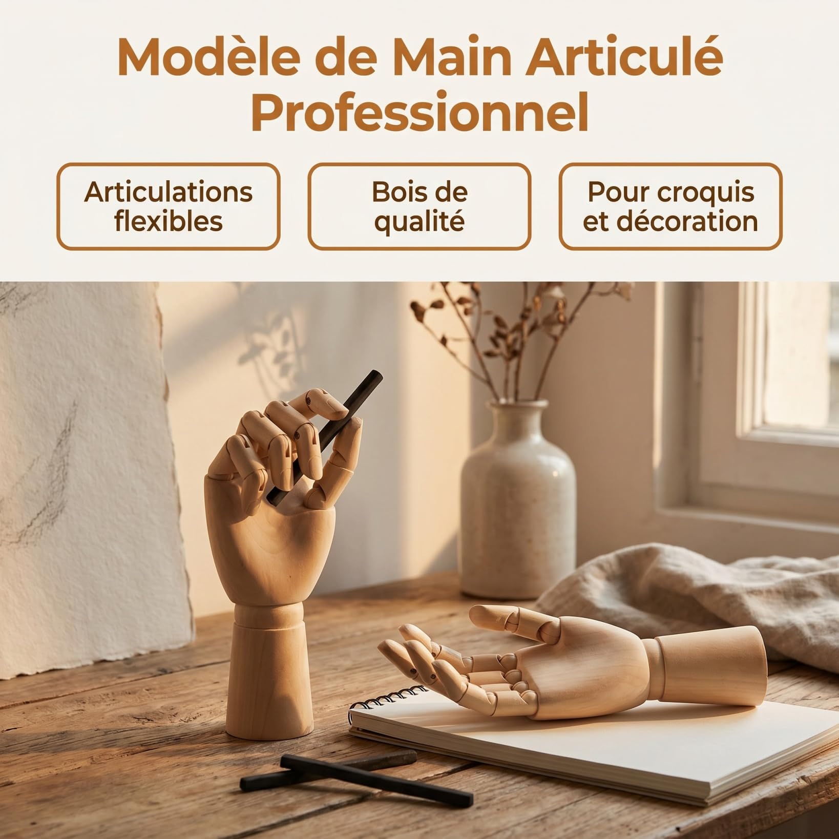 Lot de 2 Mannequins Mains Gauche & Droite 7"" Bois Kaki - Modèle Articulé pour Croquis Artistique, Présentoir Bijoux, Apprentissage Anatomie, Décoration Bureau Enfant