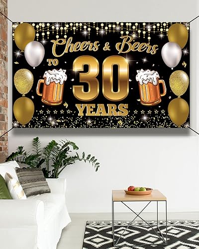 Miniatura 6 de Cartel de fondo de "Cheers & Beers to 30 Years", decoraciones de feliz cumpleaños 30 para hombres y mujeres, decoración de 30 aniversario,