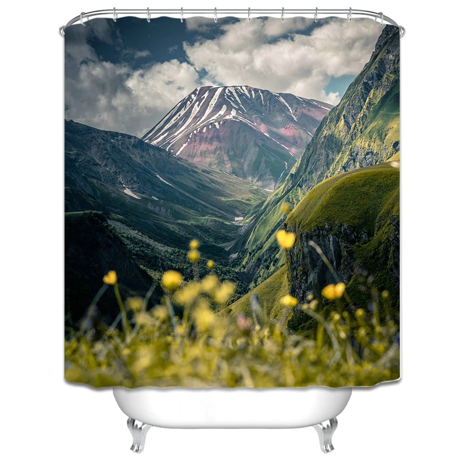 Tenda Doccia Tessuto, Poliestere Verde Montagna e fiori Tenda vasca da bagno, lavabile, asciugatrice rapida, 165x200cm