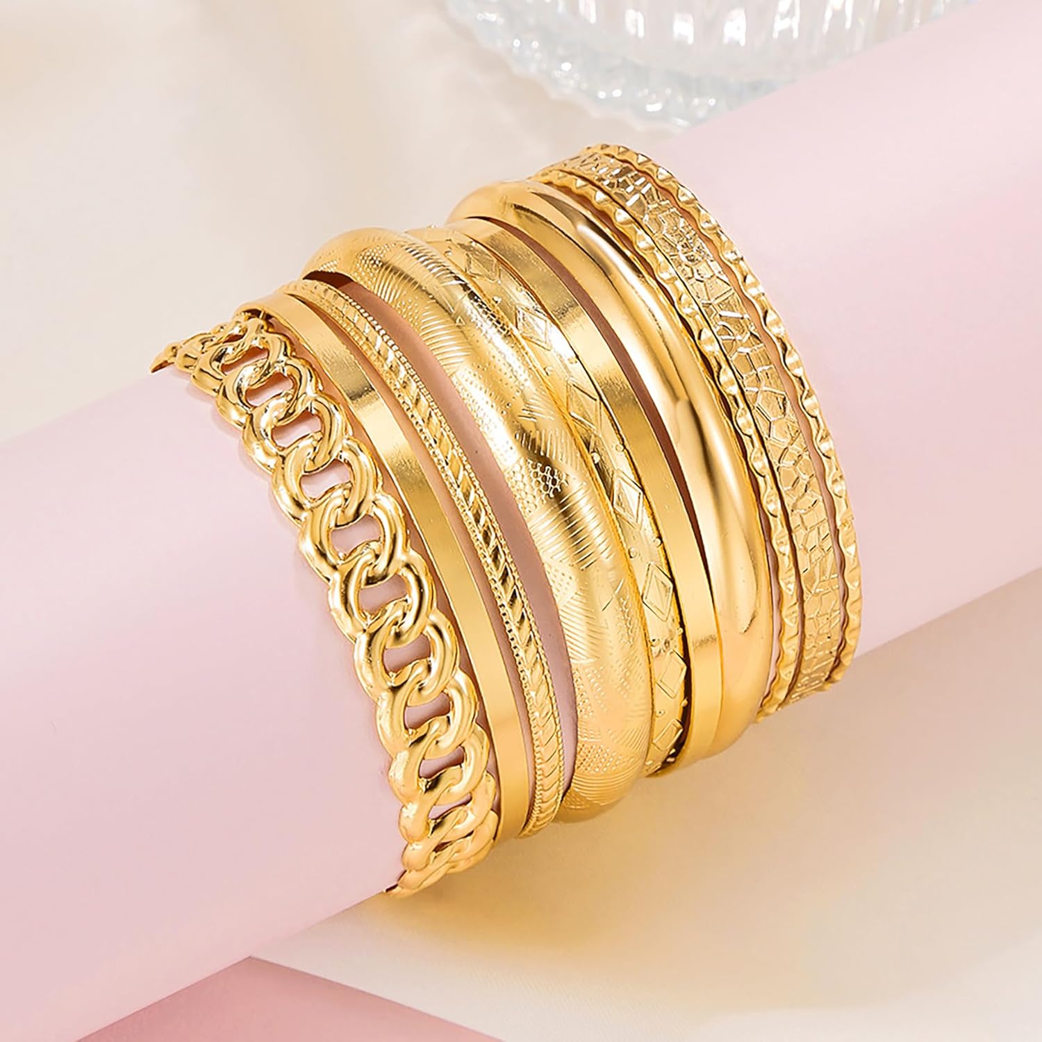 Gold Bangle Bracelets, 14K Gold Plated, Yellow Gold, Women's, Stackable Set, Adult, Medium, 20 Grams, 2 Inches - Image 7