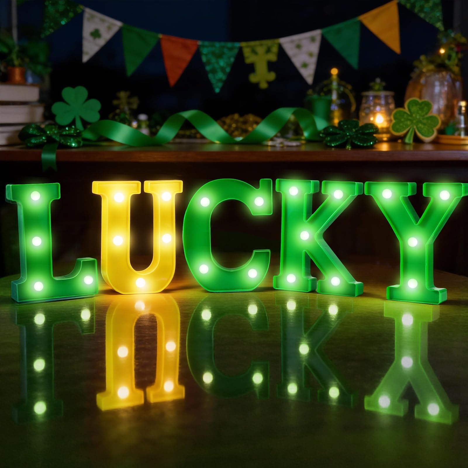 6.3" x 4.7" St Patricks Day LED Letter Lights Sign, Green and Yellow Lucky Charm Large LED Letter Sign, Irish Lucky Light up Table Decor for Party Bedroom Home Desktop Bar Decoration