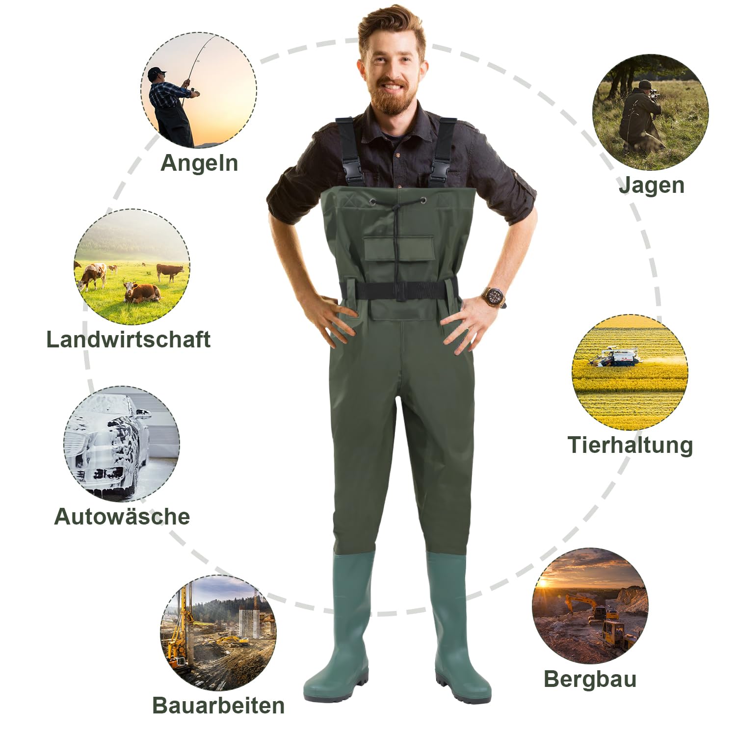 waders, waders impermeabili 70D nylon composito PVC pantaloni da pesca, con stivali in gomma antiscivolo, pantaloni da bacino, adatti per cantieri, pesca, fattorie