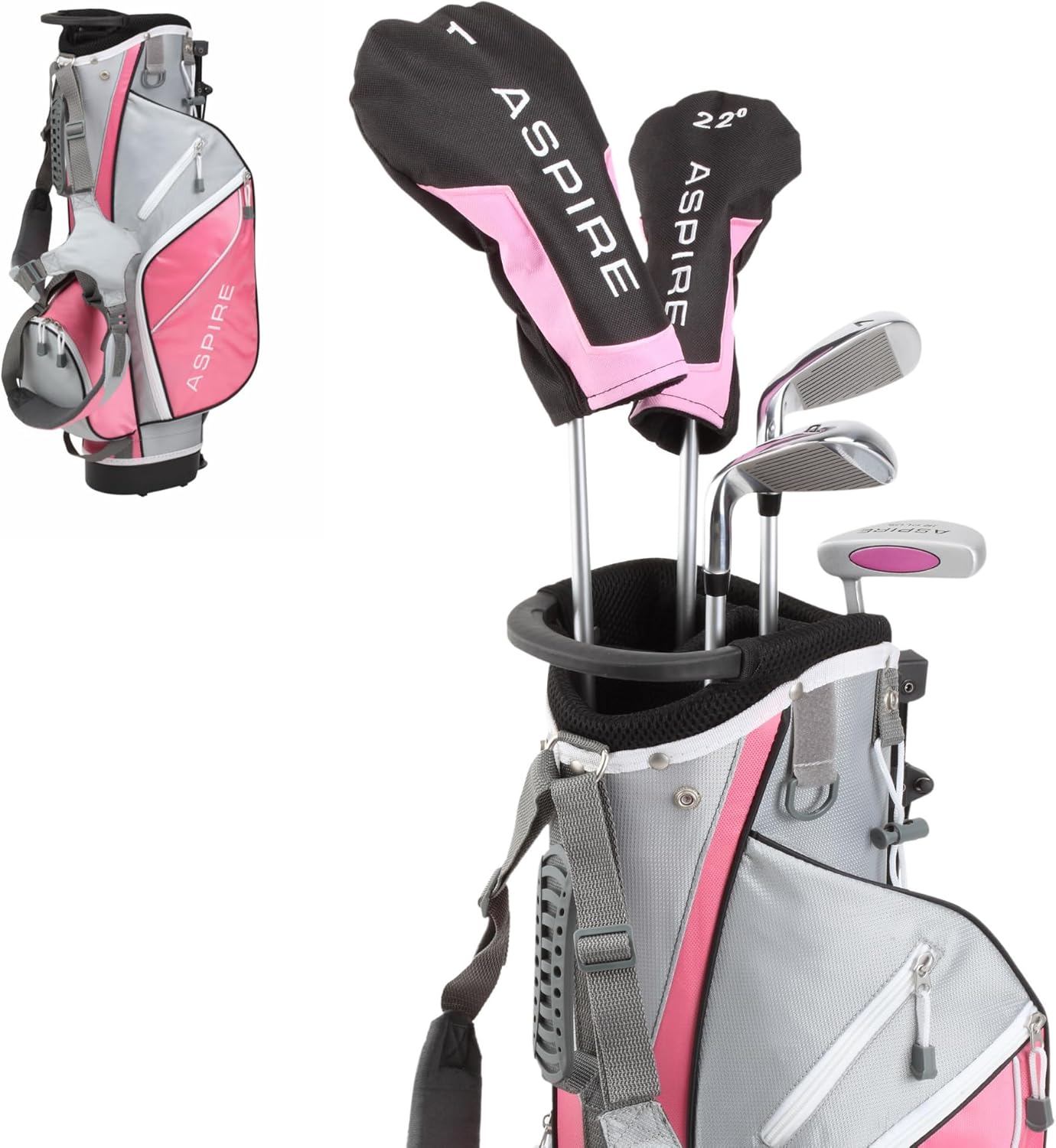 Aspire Junior Plus Kids Golf Clubs – Boys’ & Girls’ Right-Handed Golf Set with Lightweight Stand Bag, Graphite Shafts & Aircraft-Grade Aluminum Clubs