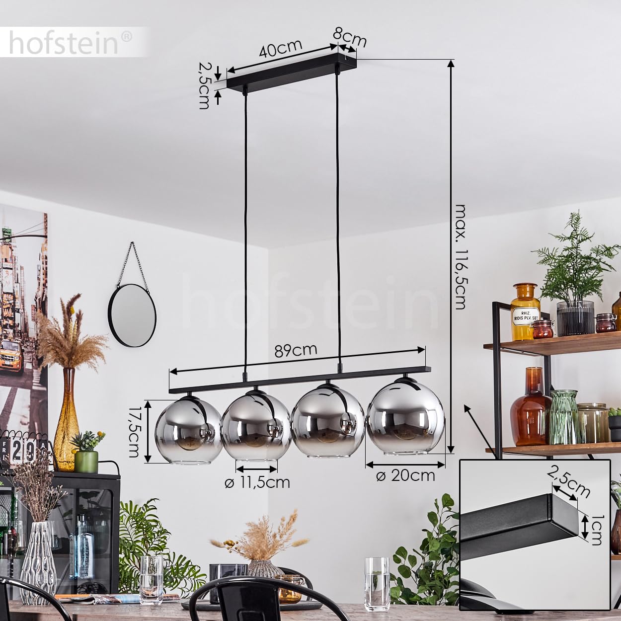 Pendelleuchte Koyoto, Hängelampe aus Metall/Glas in Schwarz/Chromfarben/Klar, Hängeleuchte im Retro/Vintage-Design mit Glasschirmen (Ø 20 cm), 4-flammig, Höhe max. 116,5 cm, 4 x E27, ohne Leuchtmittel