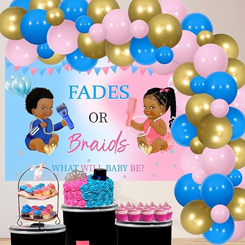 Miniatura 2 de Funmemoir Decoraciones de revelación de género de desvanecimientos o trenzas, arco de globos rosa, azul y dorado con telón de fondo, música retro,