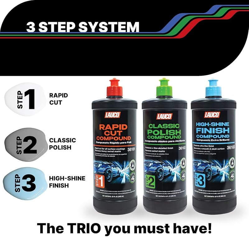LAUCO 3-Step Kit – Steps 1 2 3 – 32oz, with a Towel, Professional Silicone-Free Cutting, Polishing & Finishing Compounds for Scratch Removal, Clear Coat Safe High-Gloss Finish Combo–32oz