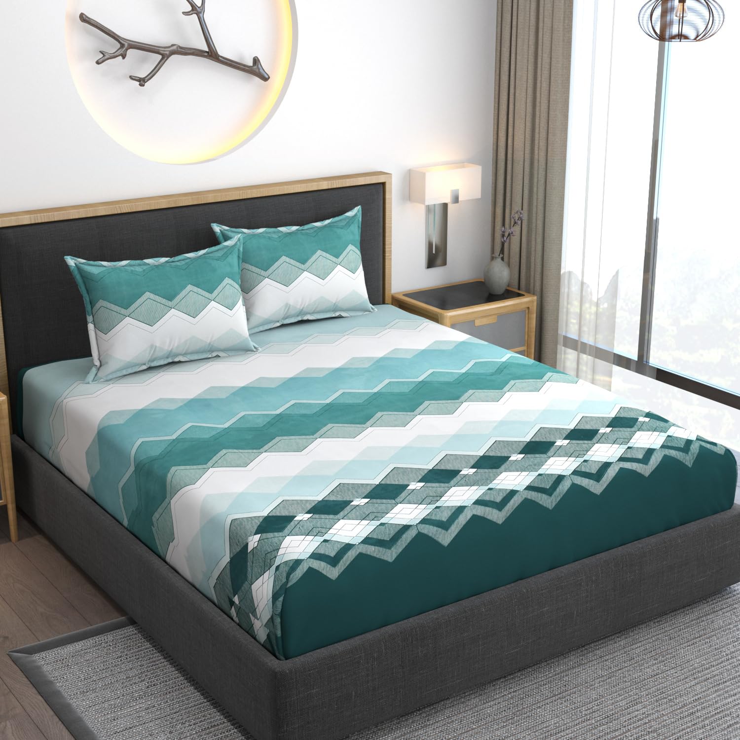 AMEYAA 350 Tc Glace Cotton Chevron Feel All Around Elastic Fitted Bedsheets With 2 Pillow Covers|Premium Fitted Bedsheets For King Size Bed|Supersoft Fabric|Wrinkle-Free (King 78"X72",Green Weaves)