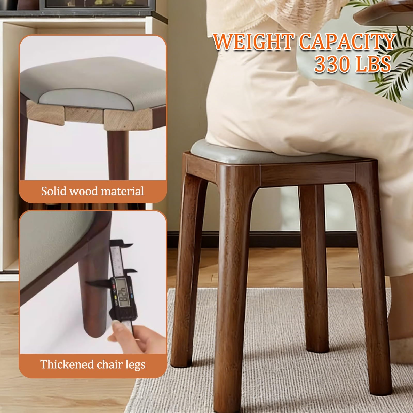 Taboret toaletkowy z litego drewna, tapicerowany stołek do jadalni z nogami o grubości 4,3 cm, nośność 150 kg, wyściełane siedzisko toaletkowe do domowego biura, sypialni