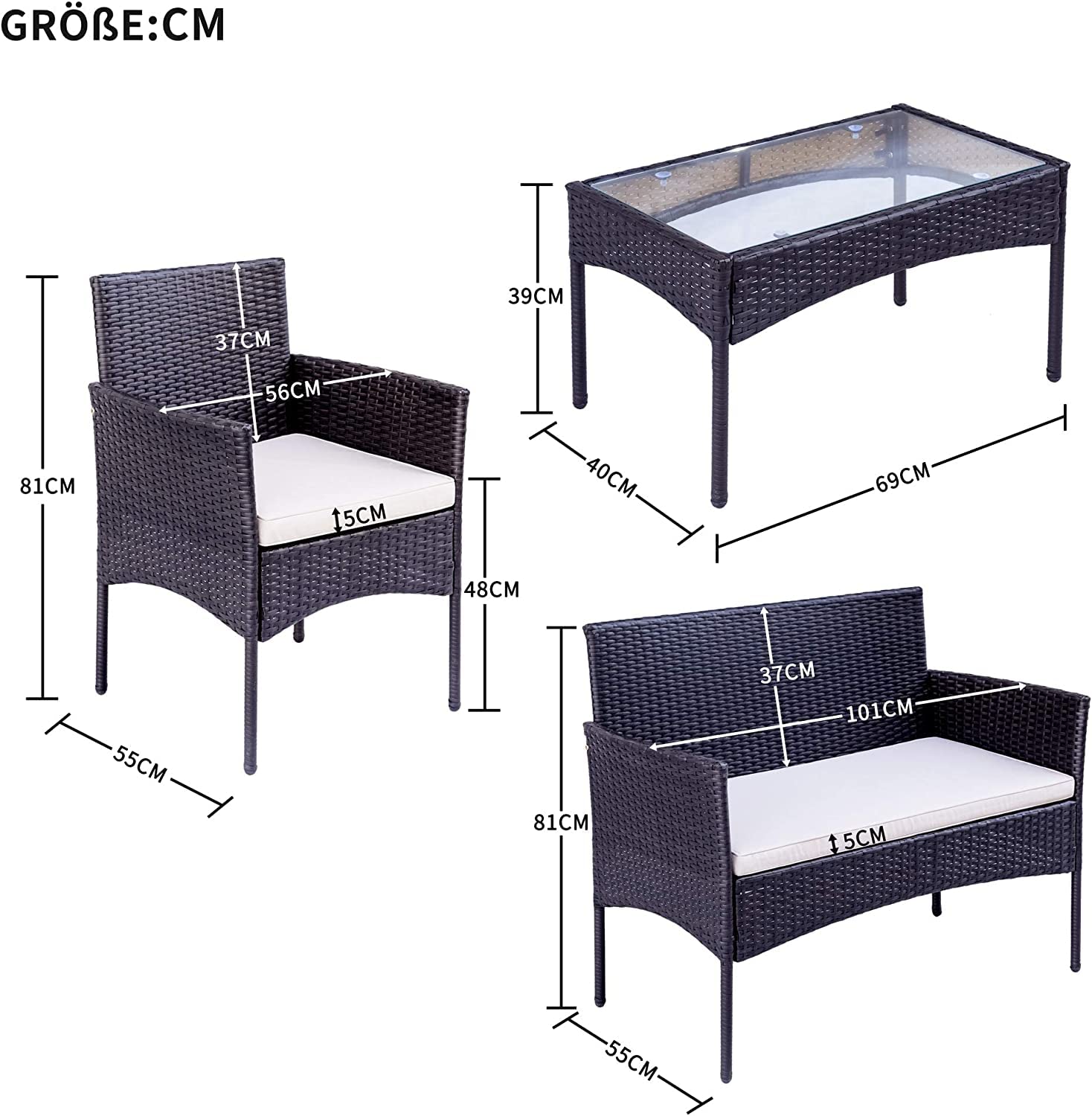 Muebles Jardin Exterior Conjunto Terraza Exterio de Ratán 4 Piezas Set,2 Sillones,1 Sofá de Doble Asiento y 1 Mesa para 4 Personas para Patio Terraza Exterior