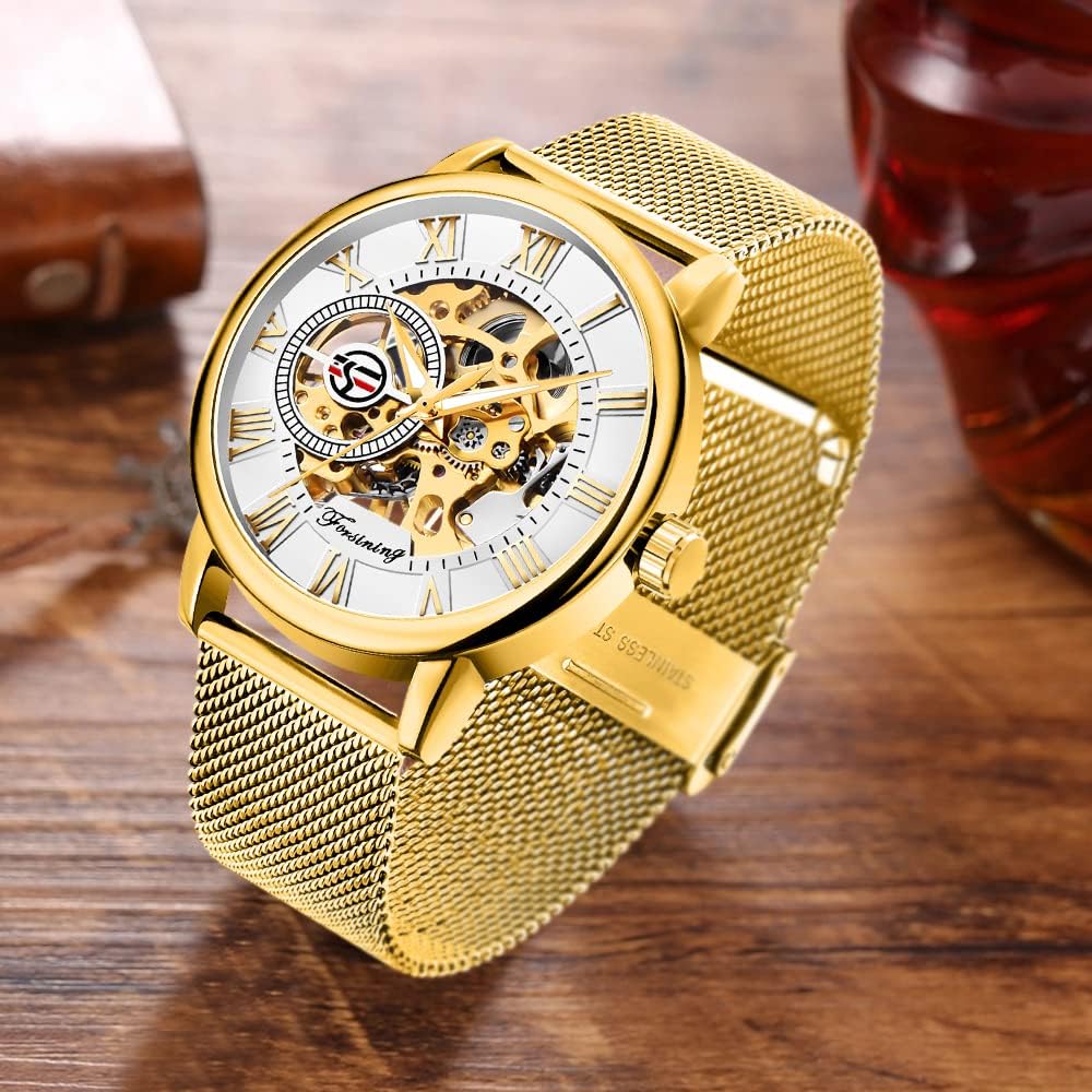 Reloj de Pulsera para Hombre con Esfera Transparente Hueca de Esqueleto Plateado, Correa de Malla