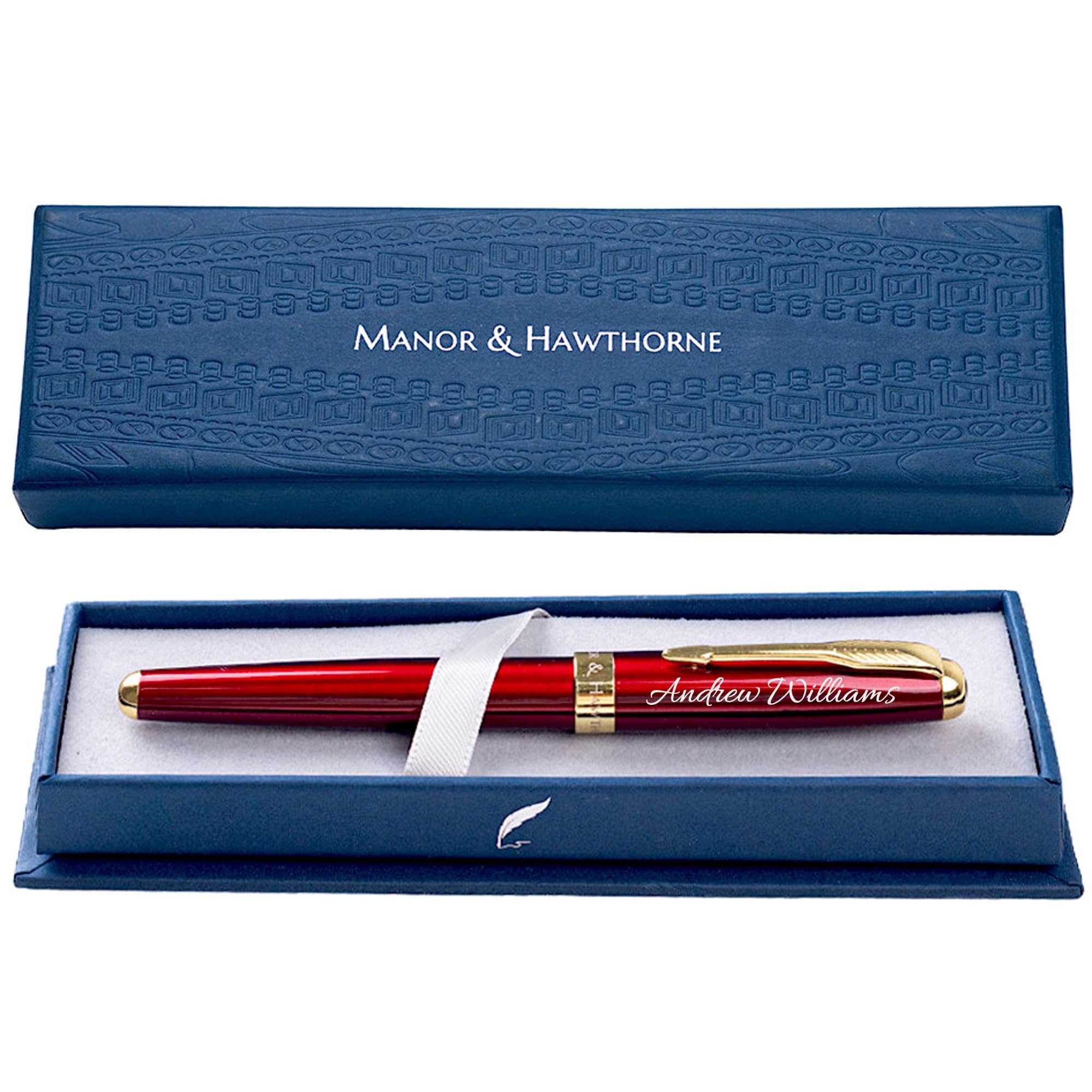 Manor & Hawthorne Luxury Rollerball Pen with Gold Trim in Premium Box | Smooth Writing Experience | Beautiful Gift for Graduations, Business, Birthdays, and Special Occasions - Custom Engraving, Red