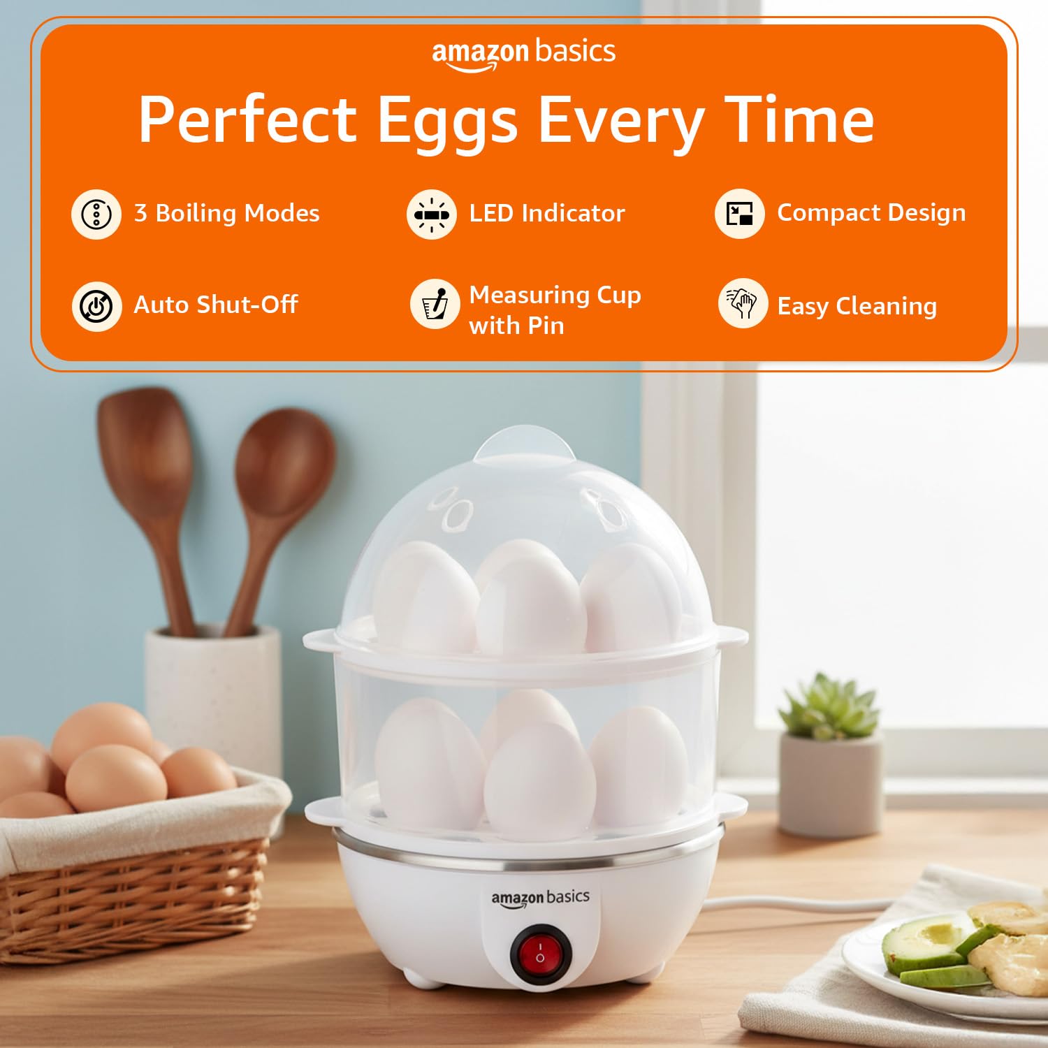 amazon basics Double Decker Egg Boiler | 350 Watt | Boils Upto 14 Eggs | 3 Boiling Modes, Overheat Protection | Stainless Steel Heating Plate, Measuring Cup | 500 ml | Durable | Plastic | White