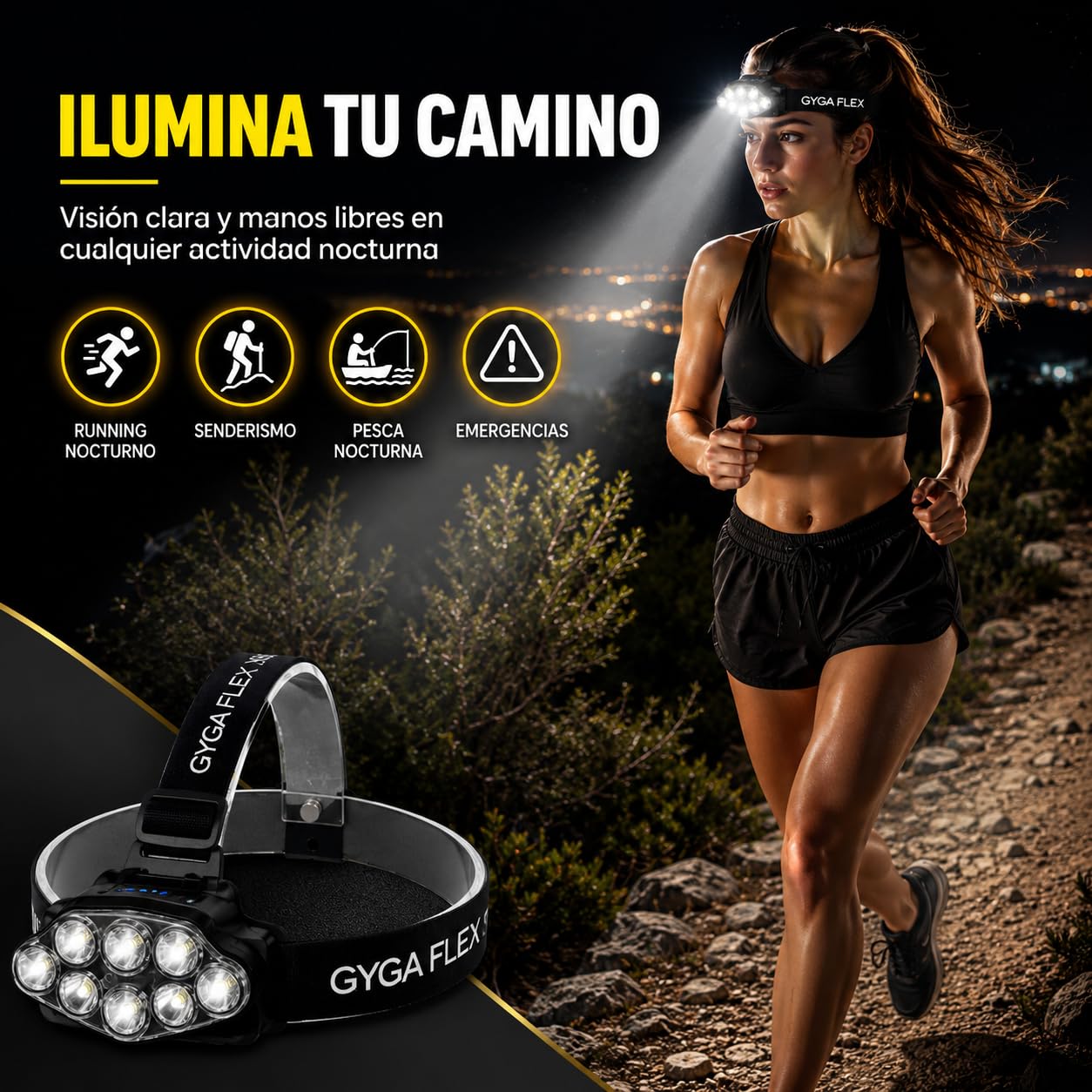 Linterna Frontal LED Recargable 4 Modos IPX20 100 Metros Ajustable 90°