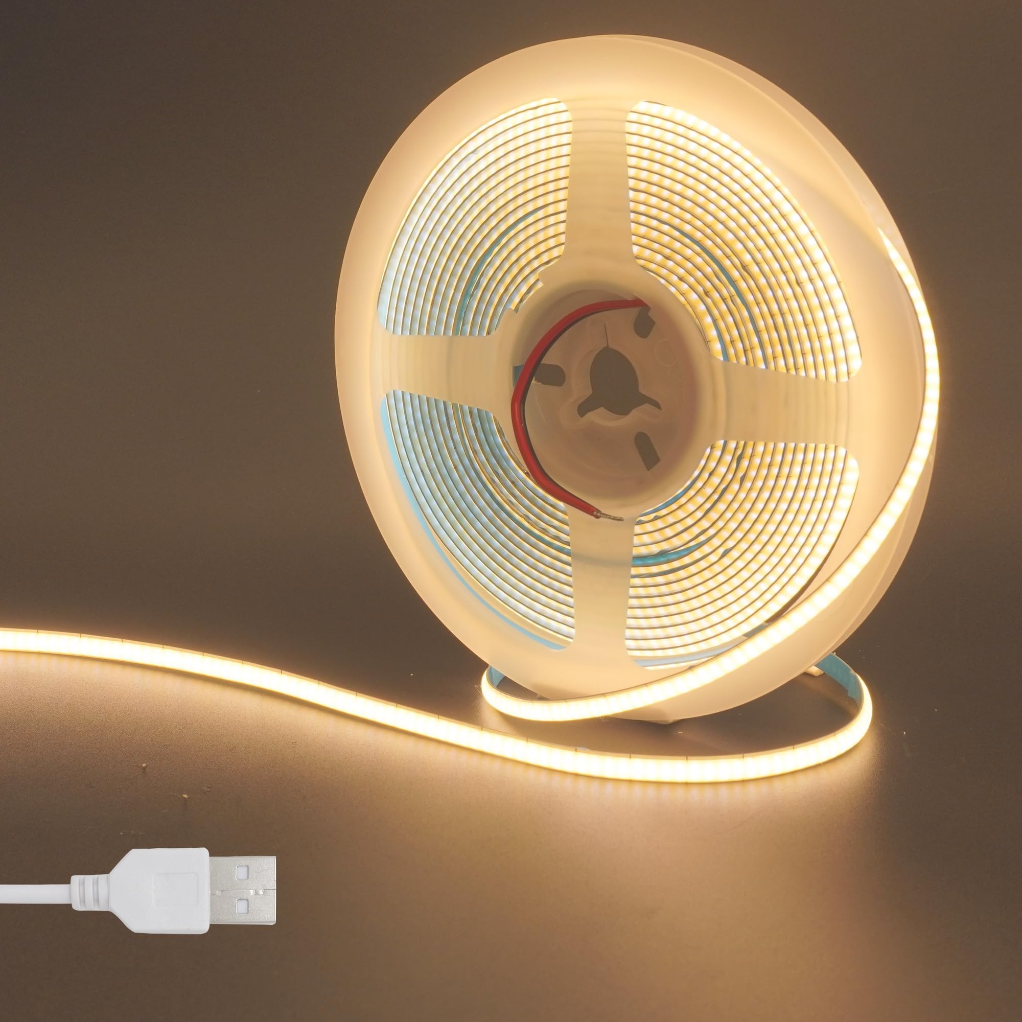 5V 5mm Width USB COB LED Strip Lights,16.4FT/5M,Warm White 3000K,400LEDs/M,8W/M,CRI90,3750lm,Electroplated Double-Sided Panel Light Strip,IP20,for Indoor Decoration