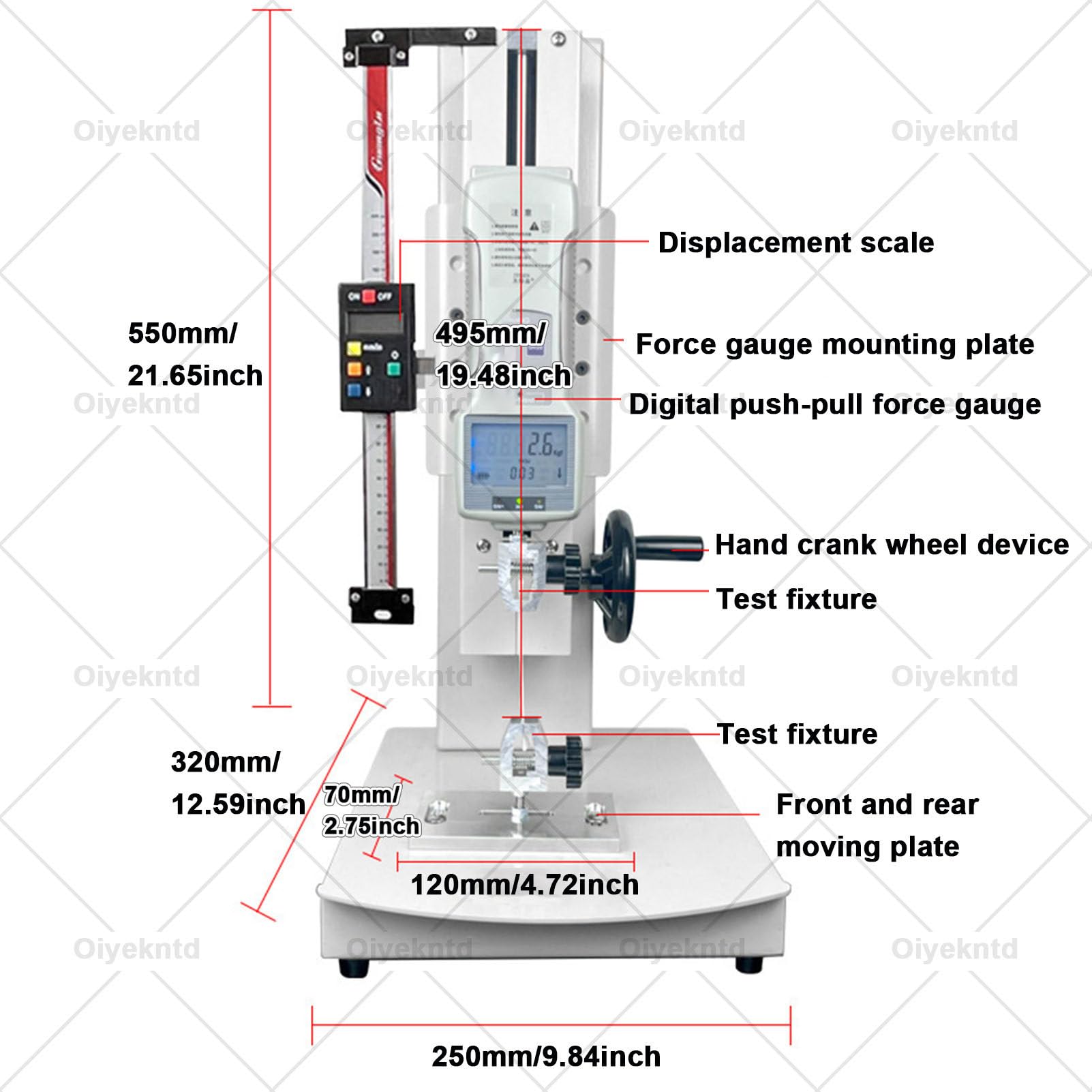 Digitale manuelle Zugprüfmaschine mit Handkurbel, 5 Messspitzen und 2 Klemmen, 270 mm Hub für Druck- und Zugprüfungen