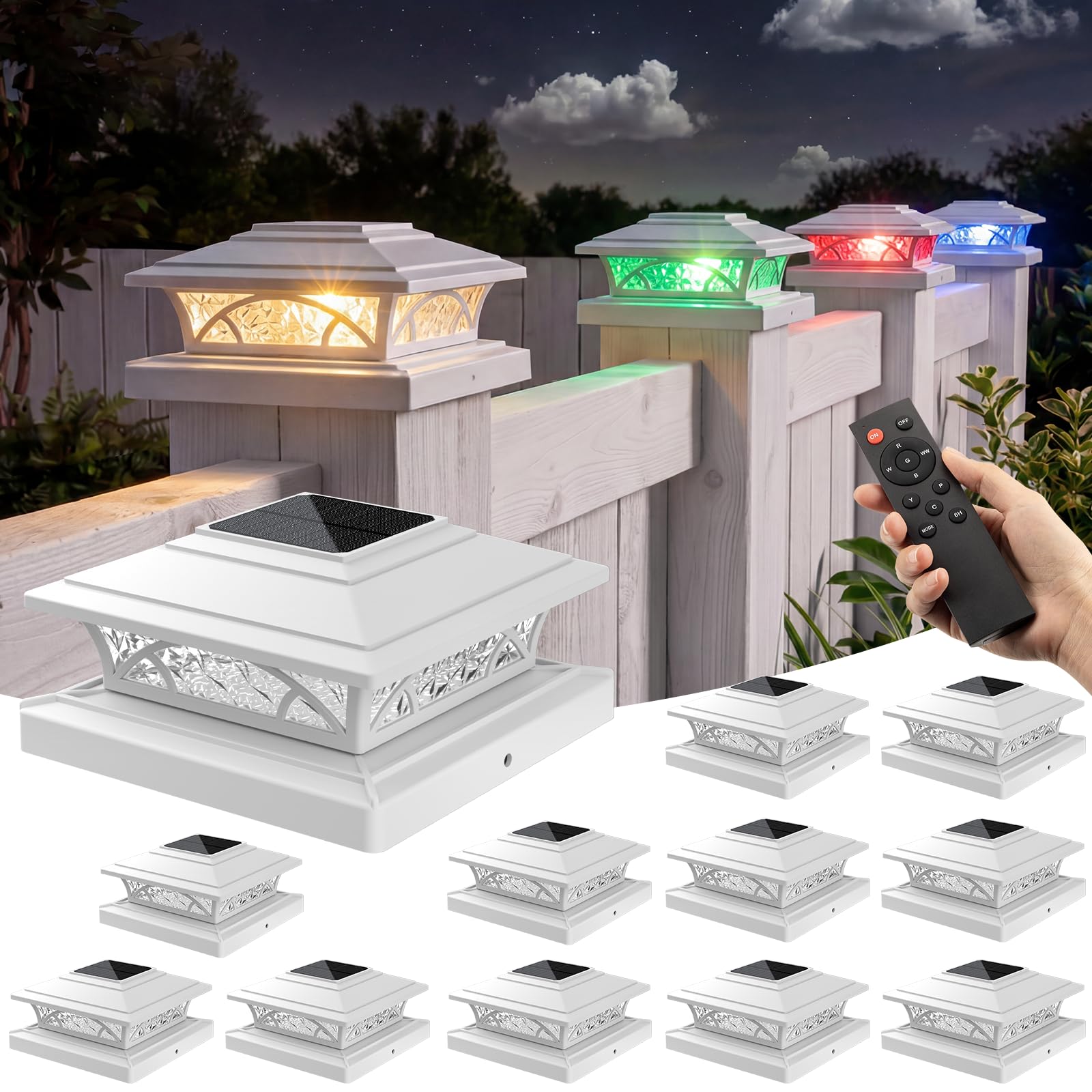 Photo 1 of APONUO Solar Post Cap Lights Outdoor RGB Color Changing with Remote, Fits 4x4 5x5 Vinyl & 4x4 6x6 Wood Posts, IP65 Waterproof Fence Post Solar Lights for Deck Patio Yard (12 Pack White)
